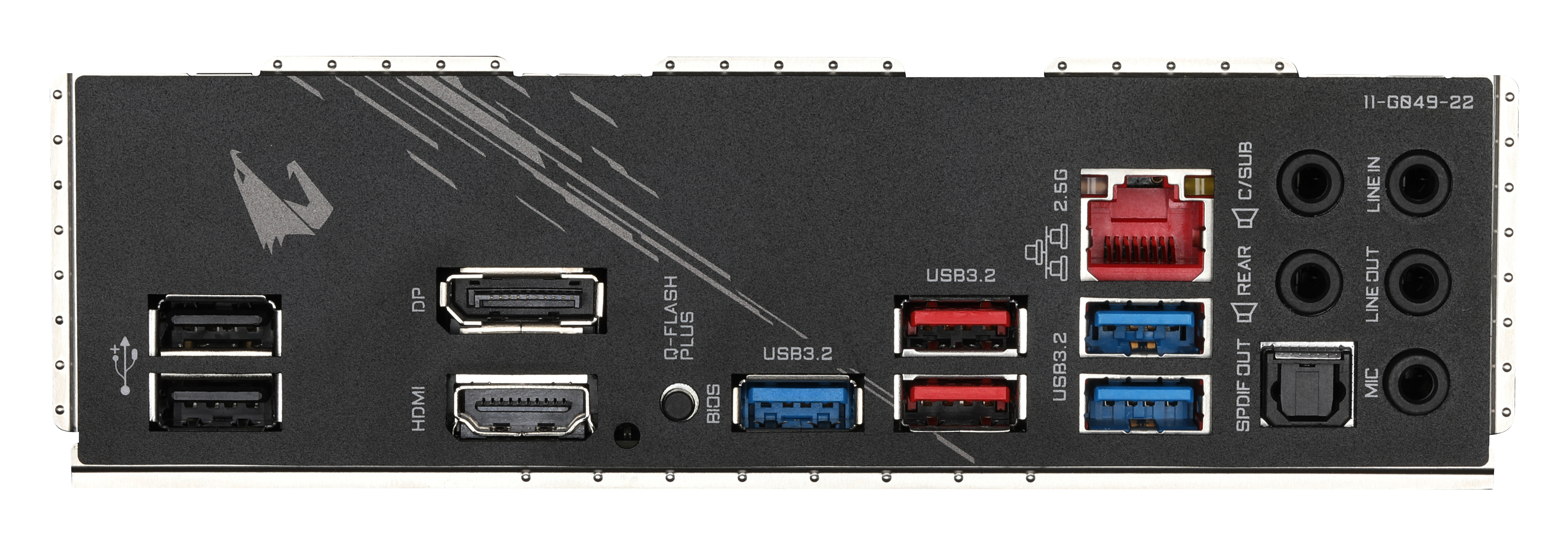 Una scheda madre con varie porte, tra cui USB e audio, su una superficie nera.