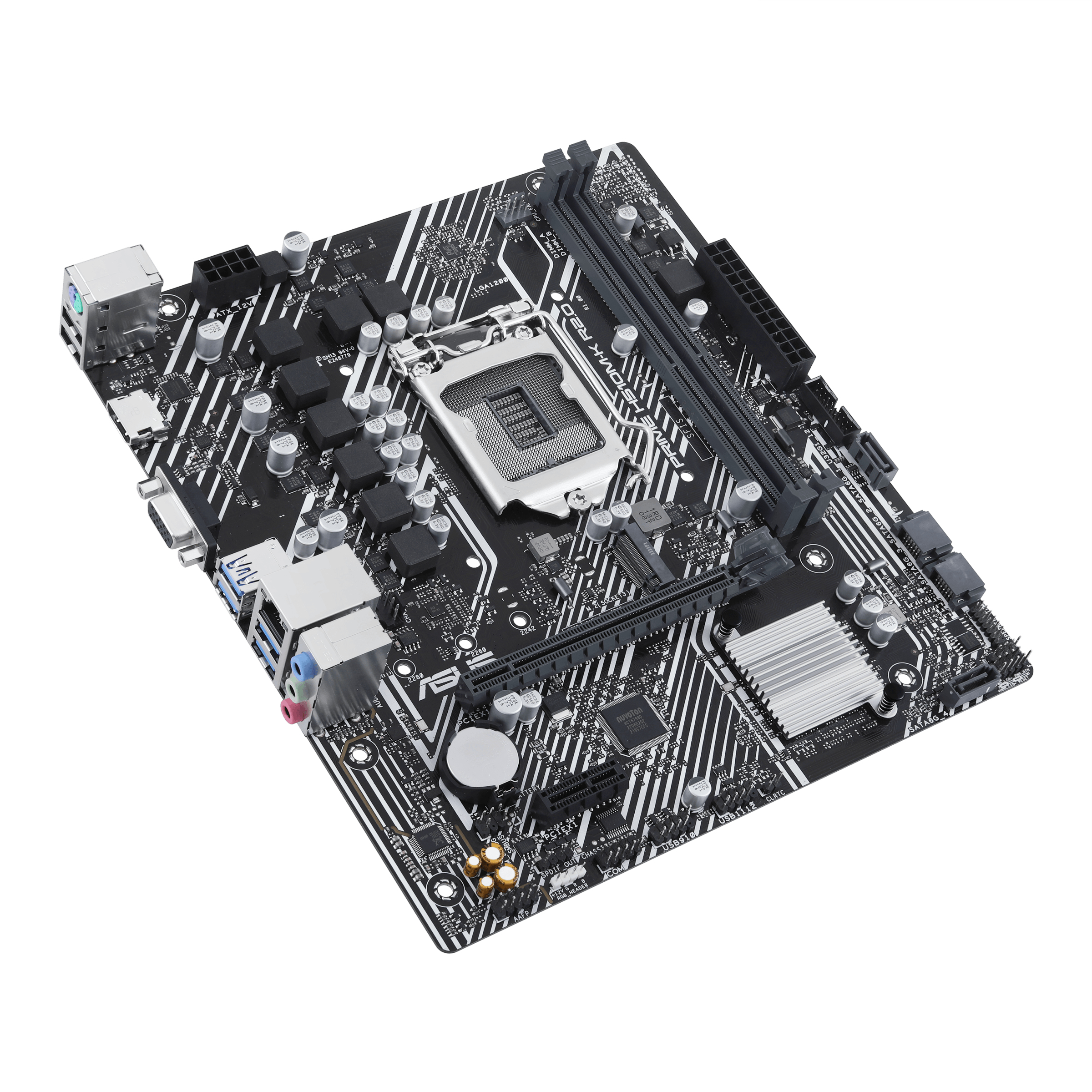 Scheda madre nera con vari componenti, tra cui socket CPU, porte e connettori, su sfondo bianco.