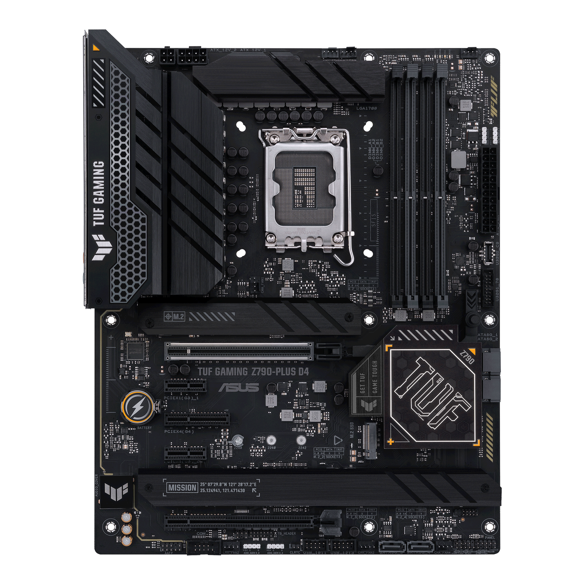 Schwarzes Motherboard mit Metallkomponenten und mehreren Steckplätzen. Das TUF Gaming-Logo ist sichtbar.