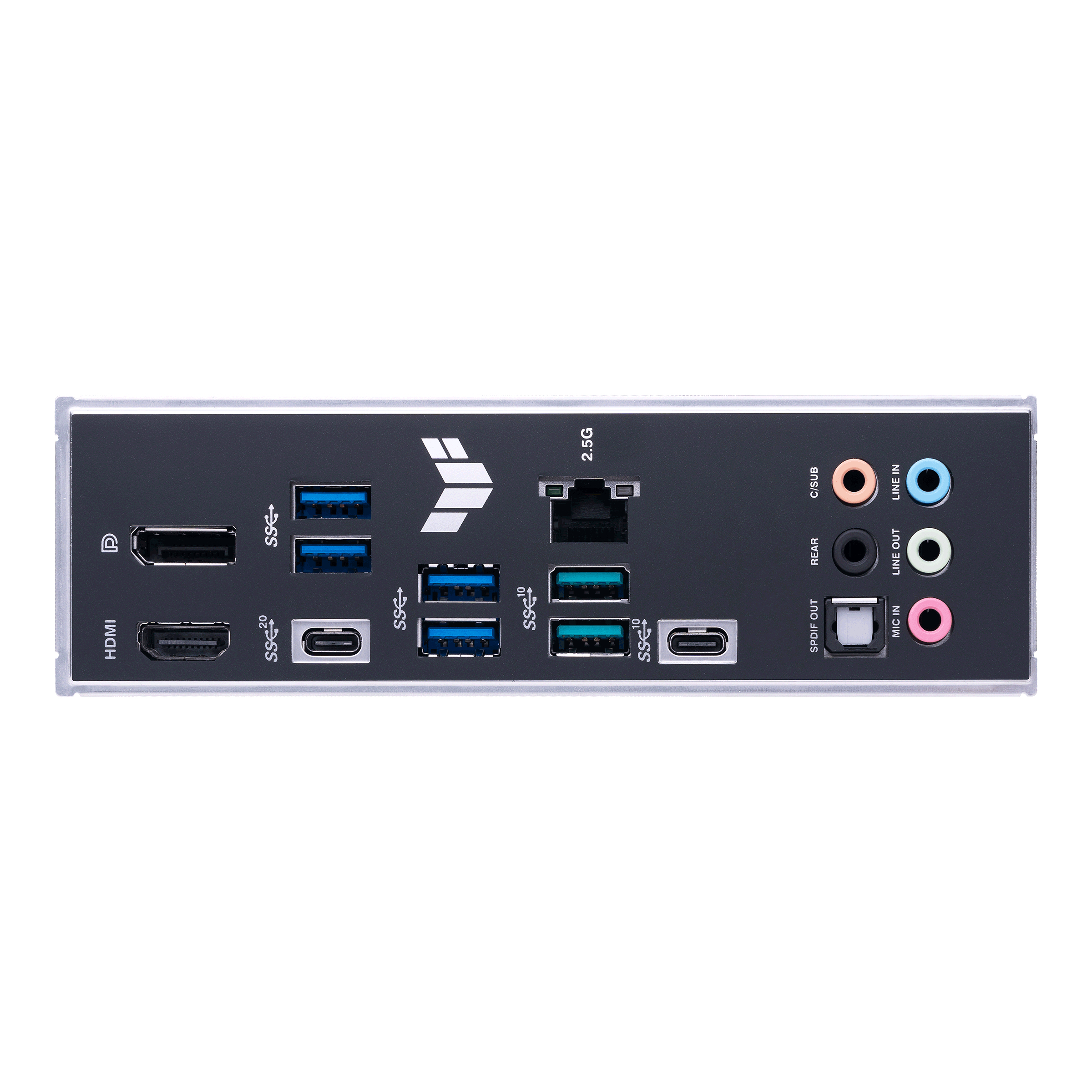 Rückseite eines Motherboards. Es hat Anschlüsse für USB, HDMI, Audio und Netzwerk.