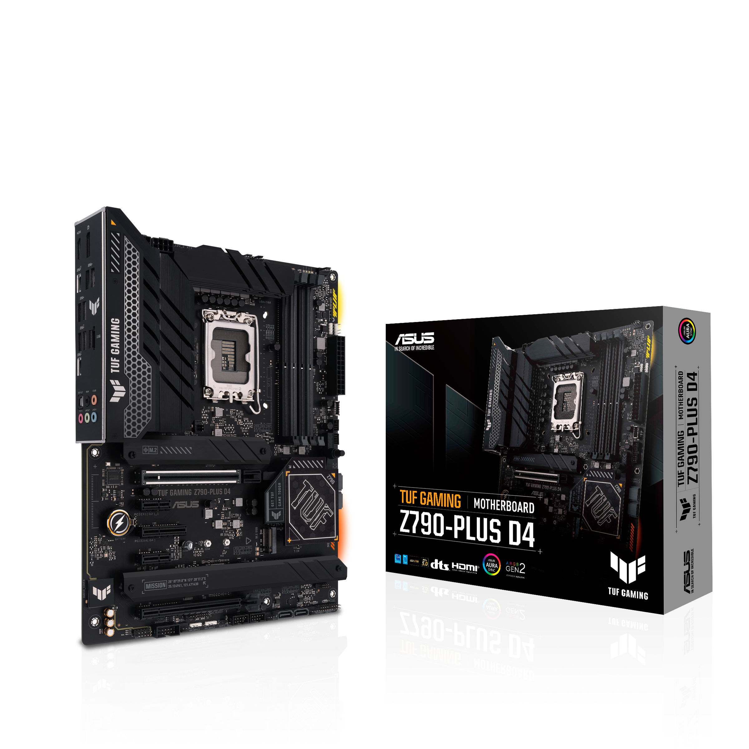 ASUS TUF GAMING Z790-PLUS D4 Motherboard und Box. Schwarz-gelbes Farbschema. Weißer Hintergrund.