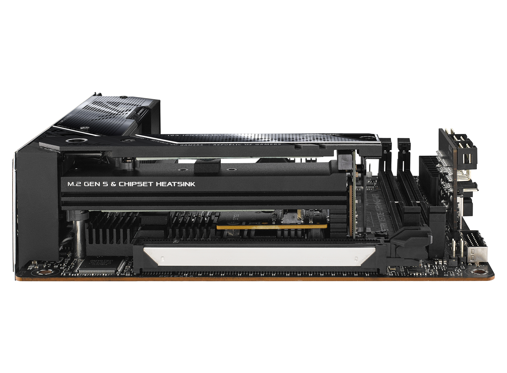 Ein schwarzes Motherboard mit den Worten M.2 GEN 5 & CHIPSET HEATSINK.