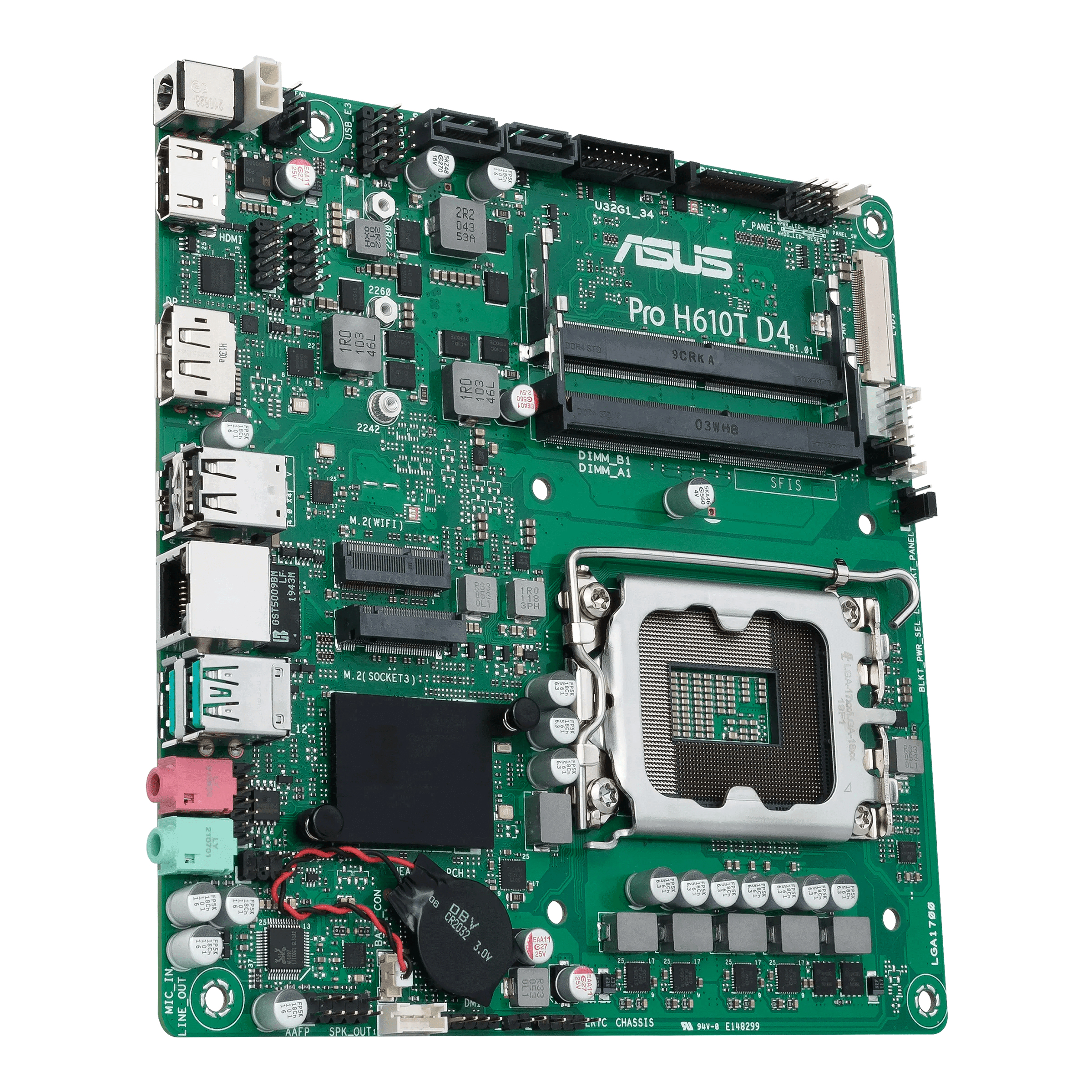 Groen circuitboard met verschillende componenten en een centrale CPU-socket. Het is een ASUS Pro H610I D4 moederbord.
