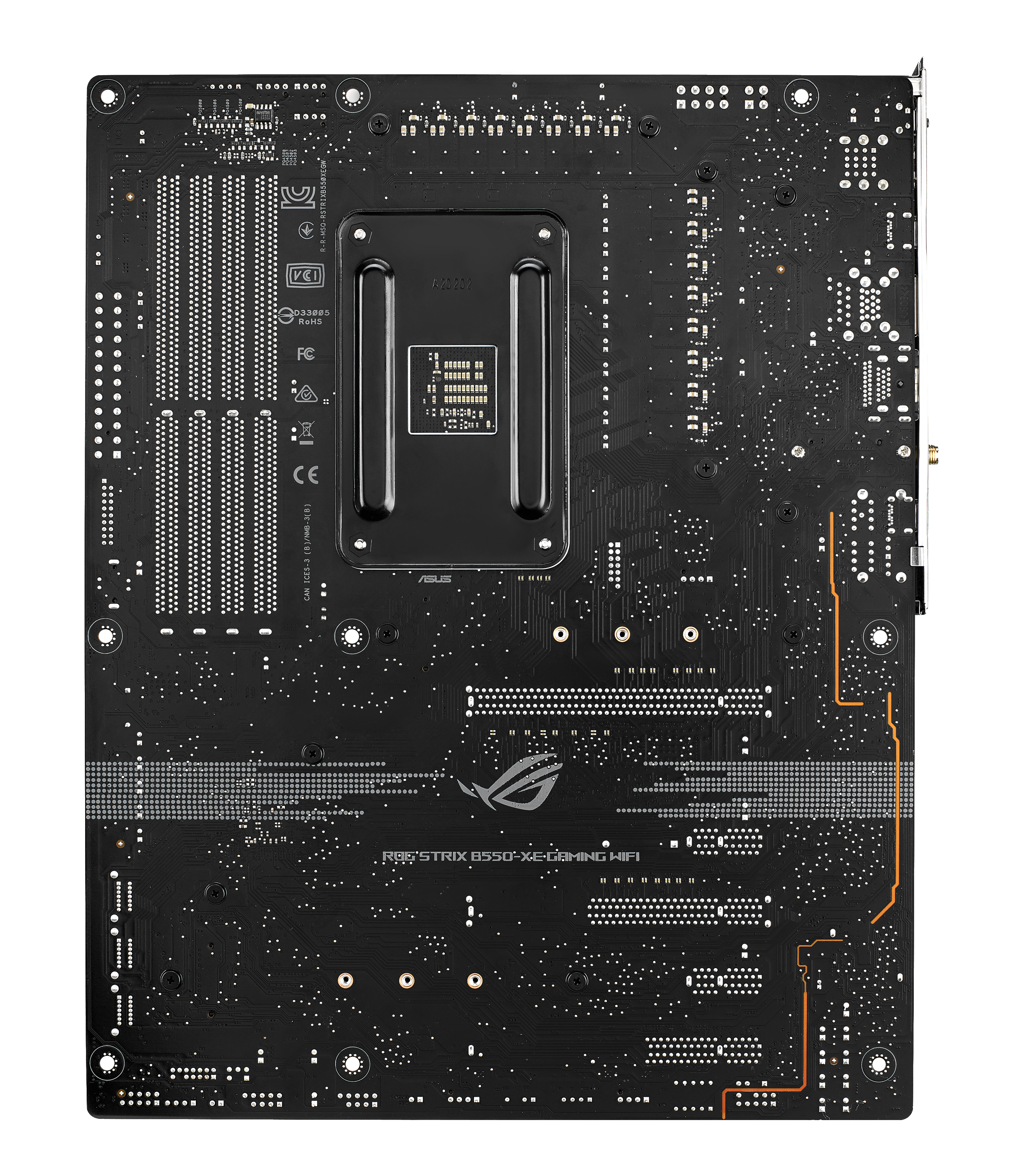 Vista trasera de una placa base negra con varios componentes y el logo ROG sobre fondo blanco.