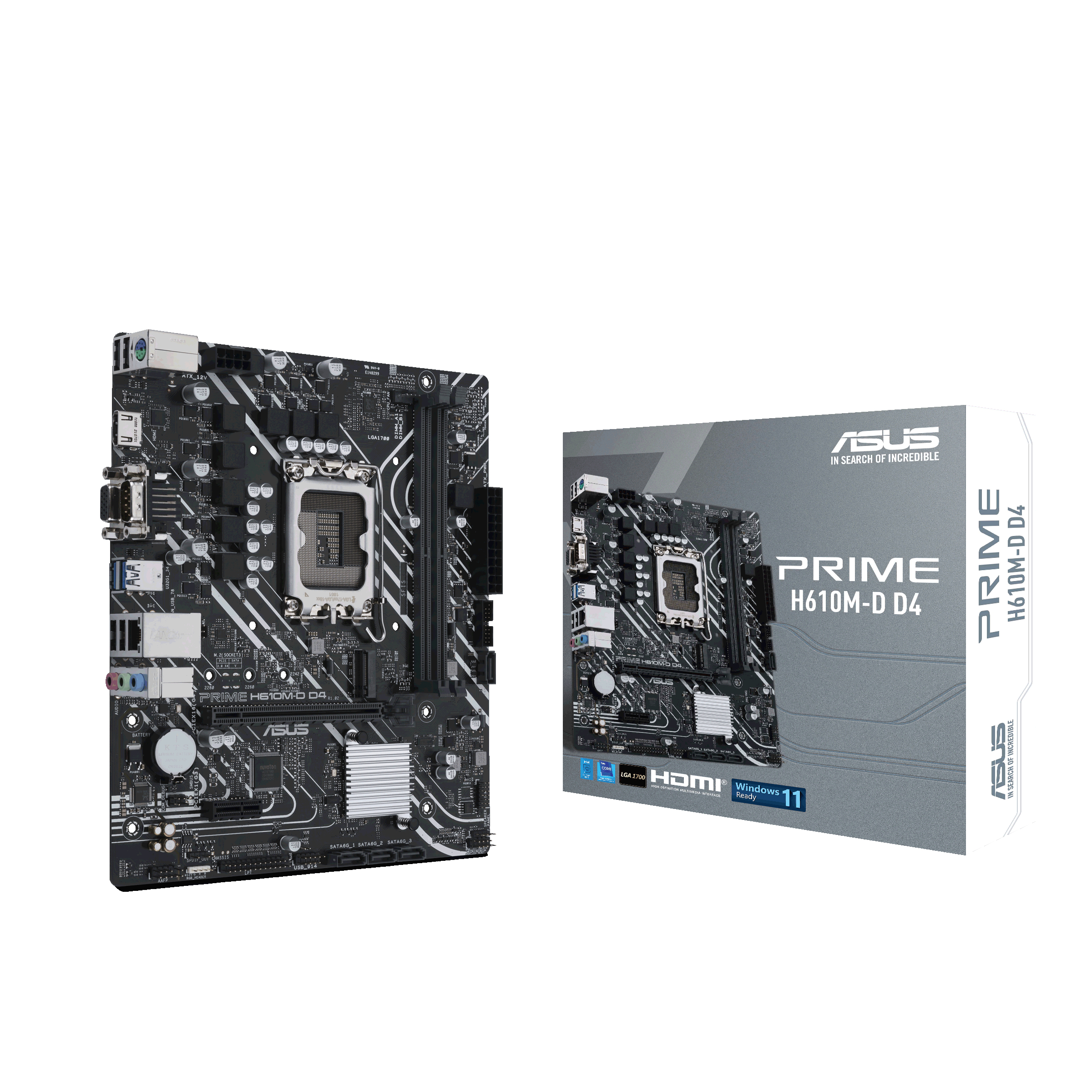 Een moederbord met doos, gelabeld als PRIME H610M-D4, en een Windows 11 sticker.