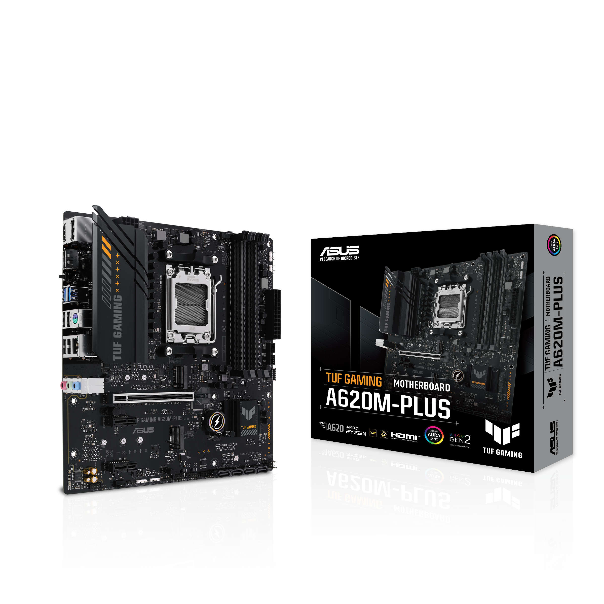 Scheda madre con scatola. Nera e gialla, con TUF GAMING e A620M-PLUS stampato.