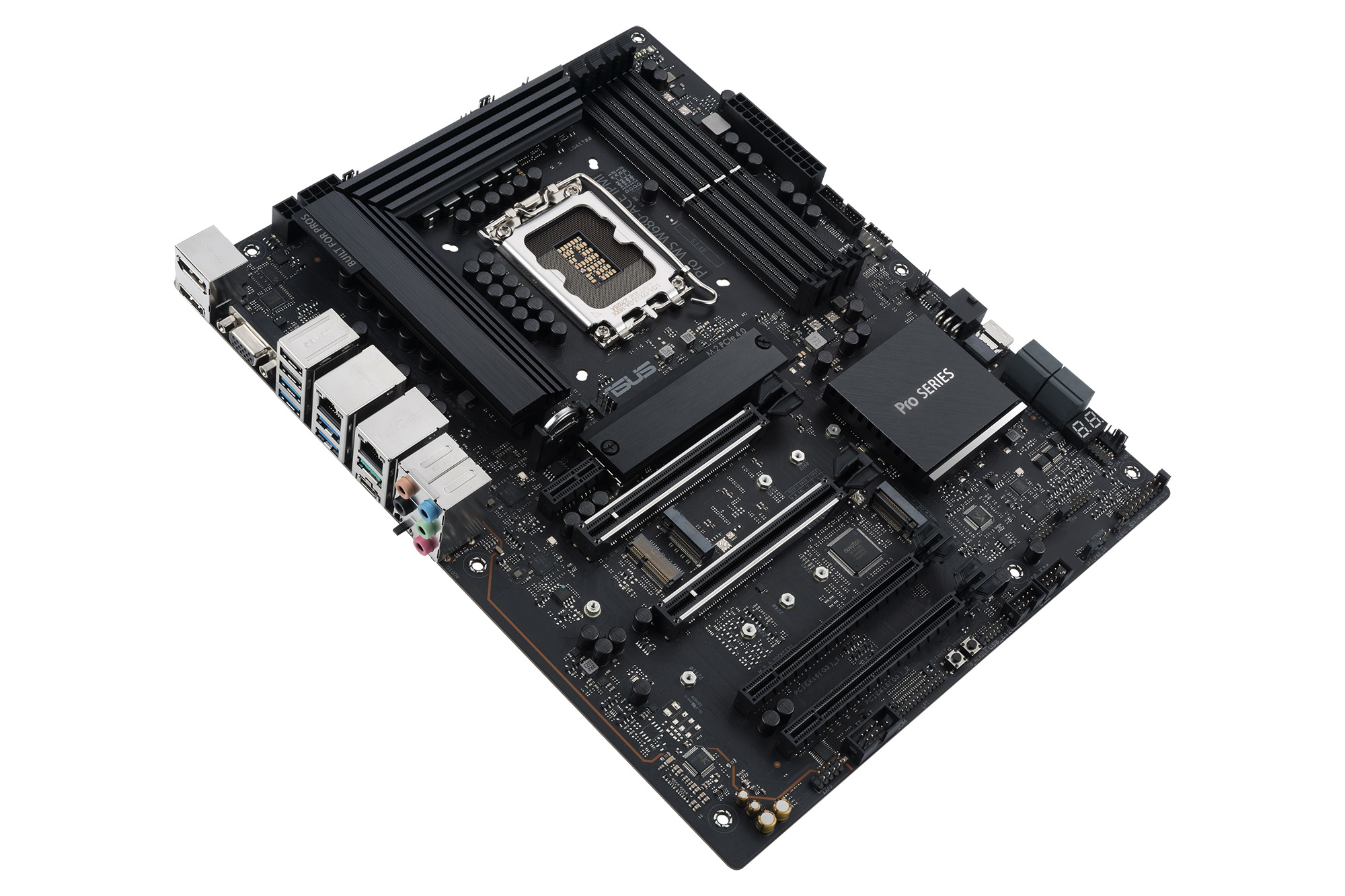 Ein schwarzes Motherboard mit verschiedenen Komponenten, einschließlich CPU-Sockel und RAM-Steckplätzen.