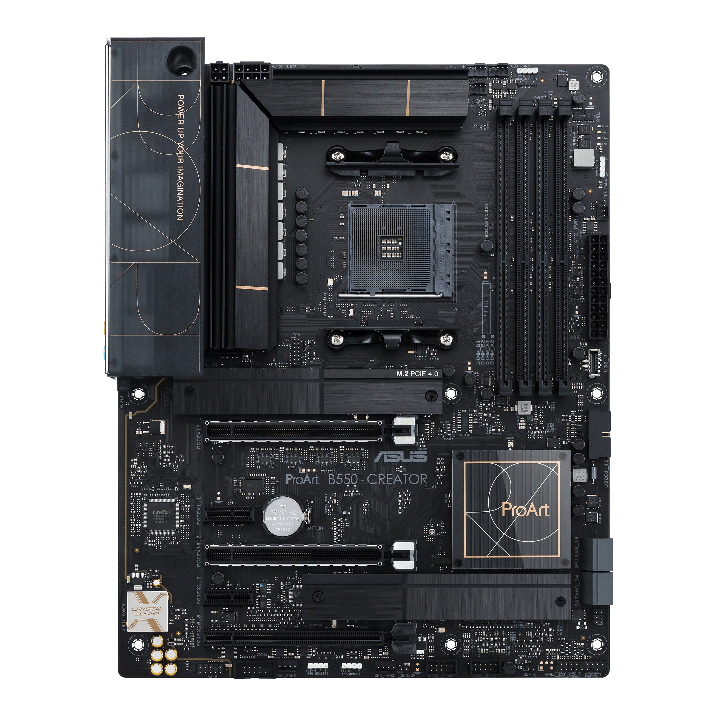 Una scheda madre Asus ProArt B550-CREATOR nera su sfondo bianco. Ha vari slot e connettori.