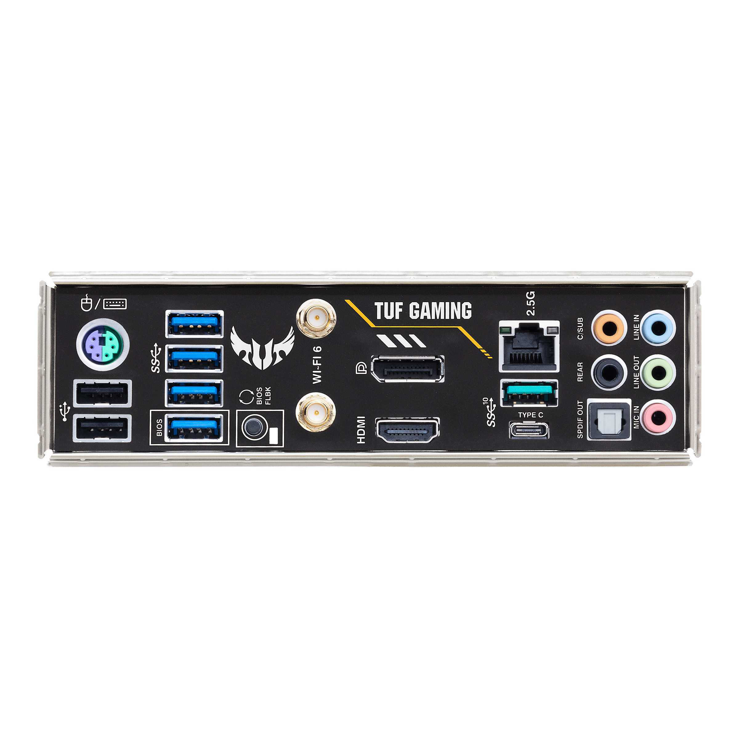 Rückwand eines TUF Gaming-Motherboards mit Anschlüssen und Steckern.
