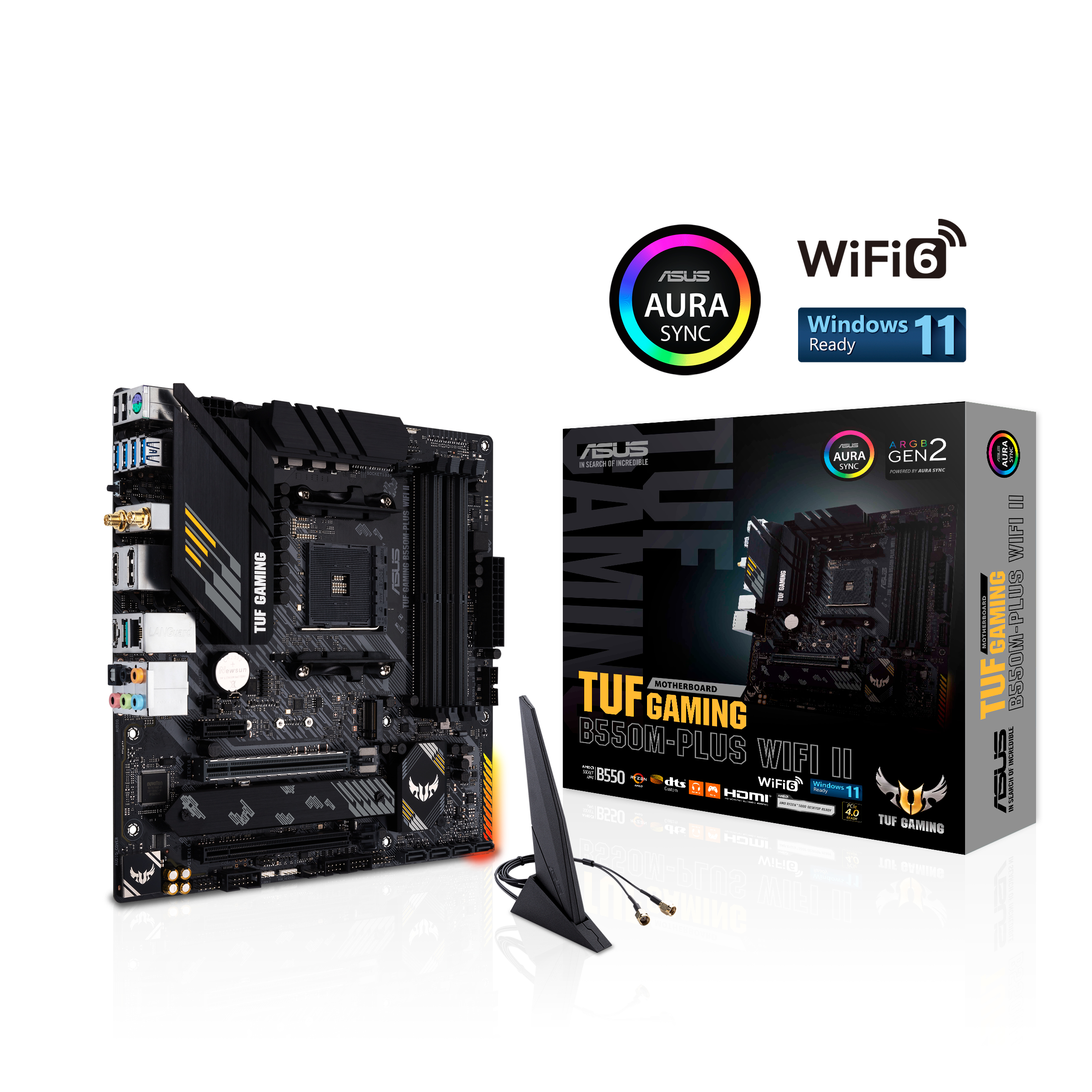 Schwarz-gelbes Motherboard mit Box, Antenne und WiFi 6 und Windows 11 Logos auf weißem Hintergrund.