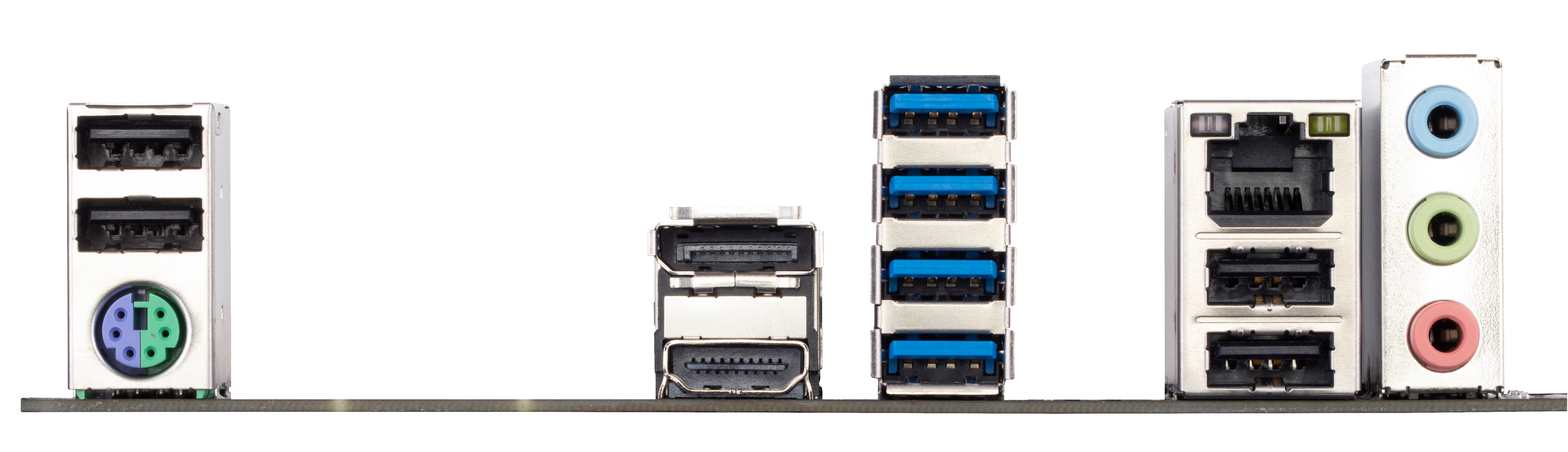 Panel tylny płyty głównej z różnymi portami: USB, HDMI, gniazda audio itp.