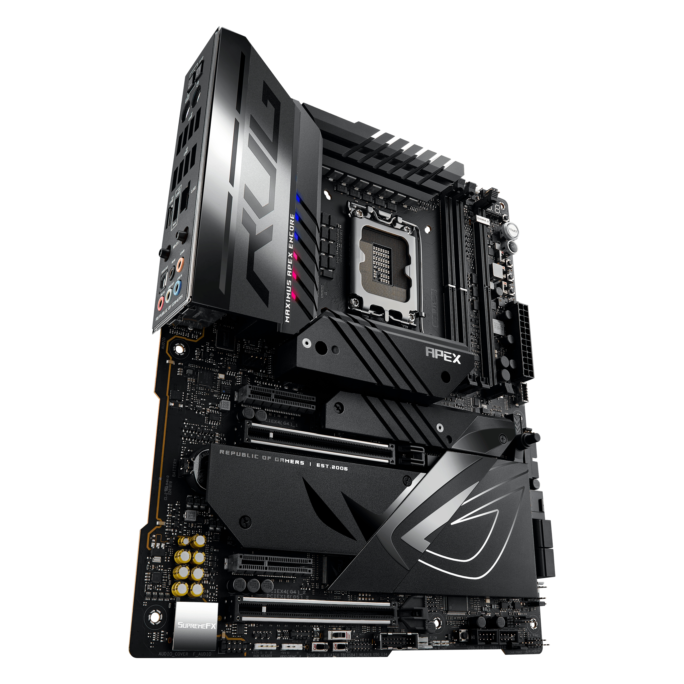 Scheda madre ASUS ROG Maximus nera. Slot multipli, dissipatori e loghi.