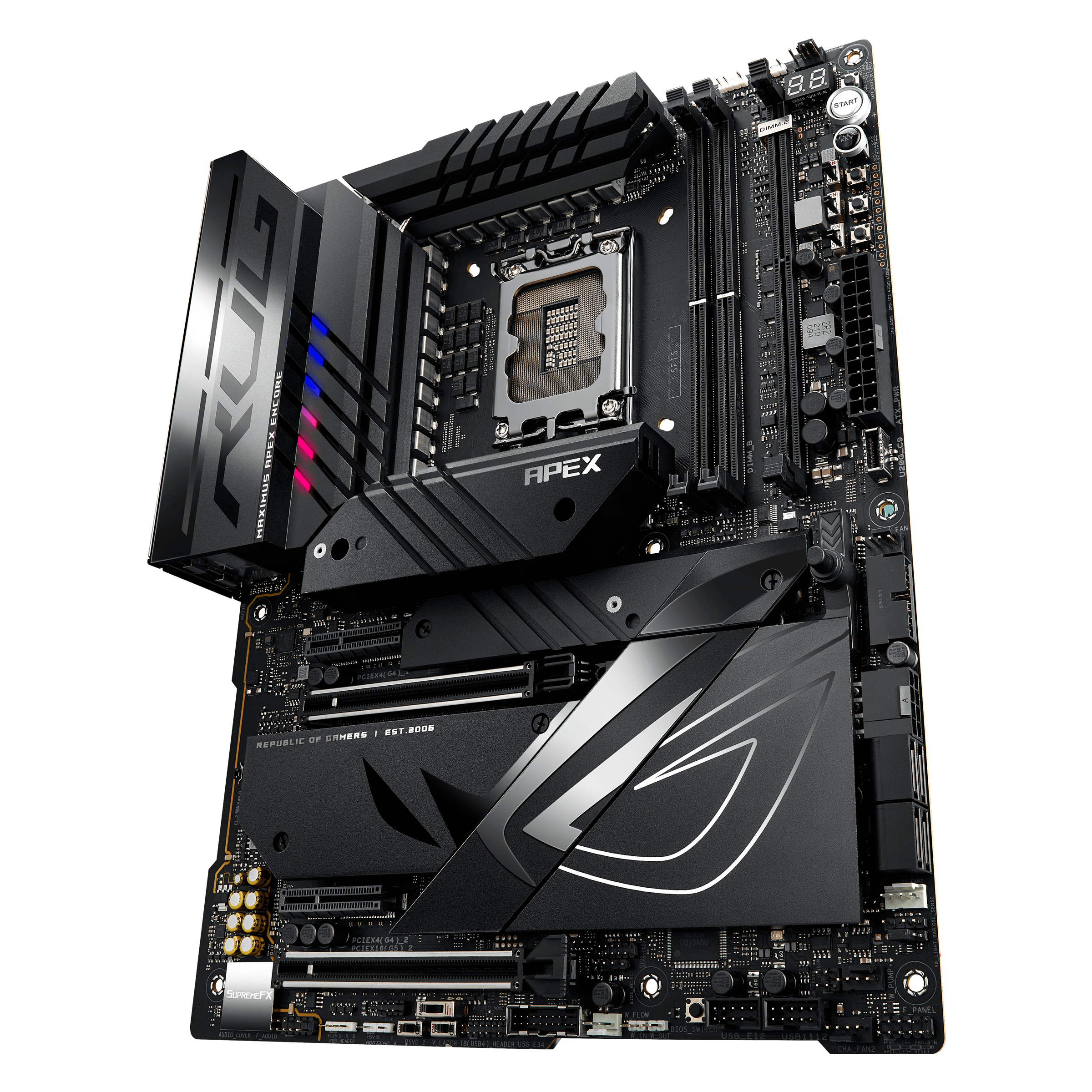 Scheda madre del computer, nera, con diversi componenti. Logo ROG e altri dettagli visibili.