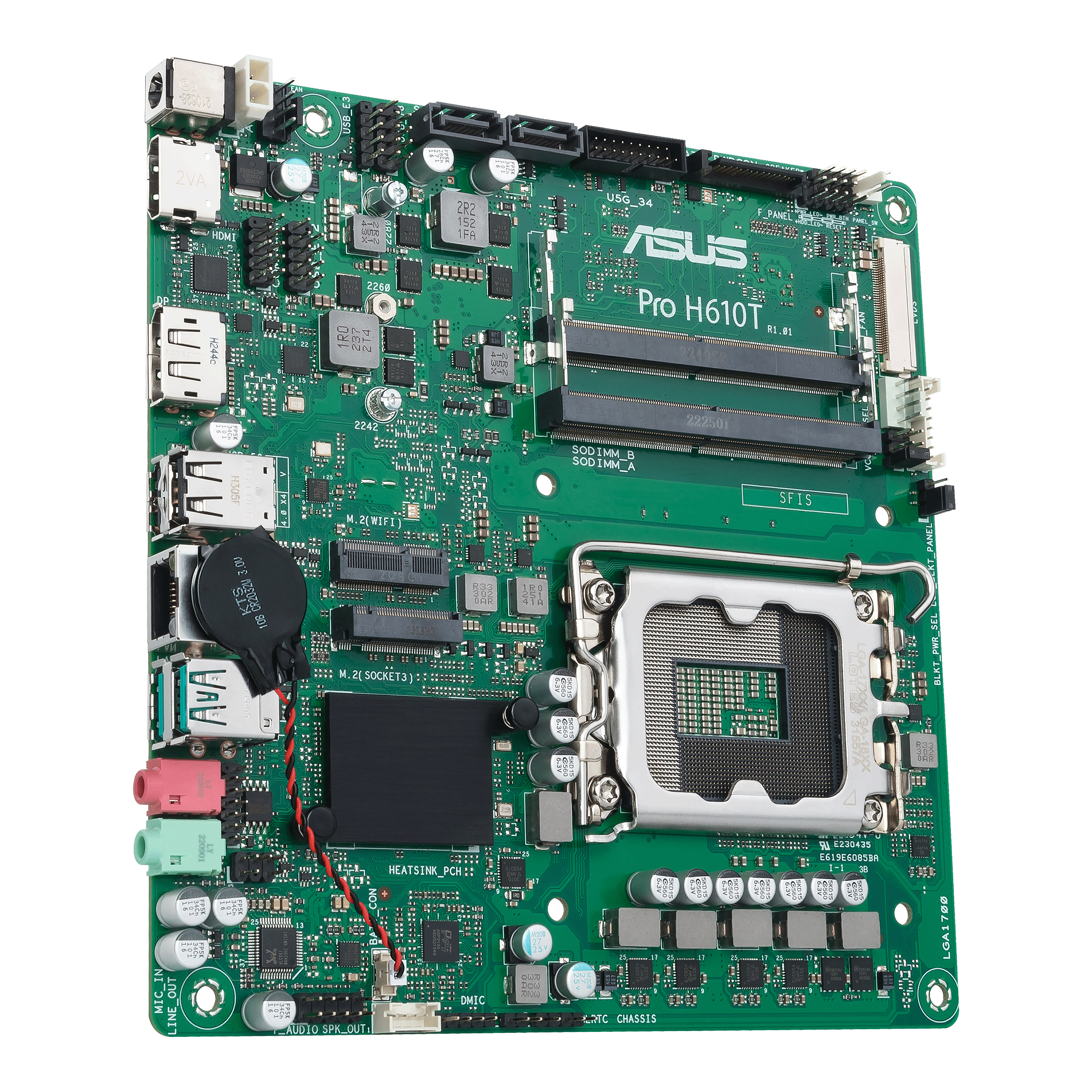 Green circuit board with components, text, and connectors. Isolated on white background.