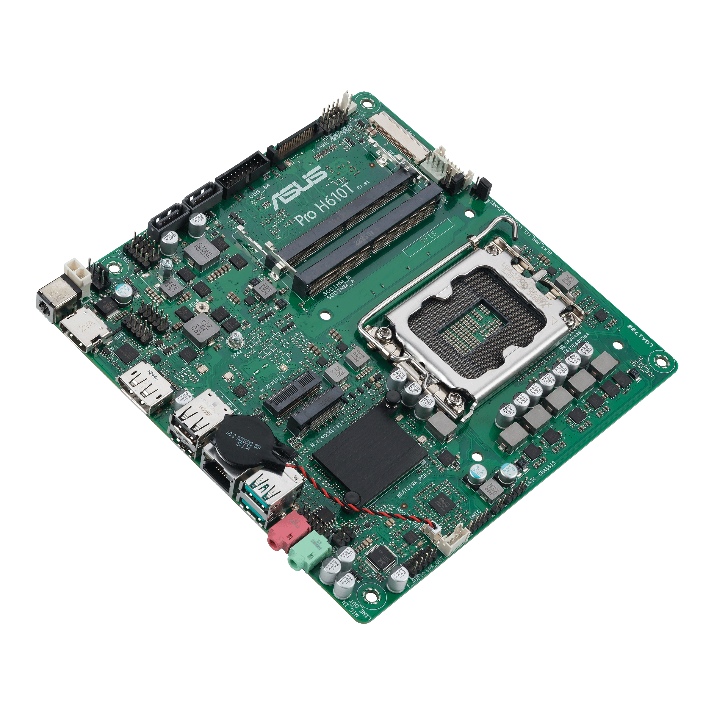 Green and black computer motherboard with various components.