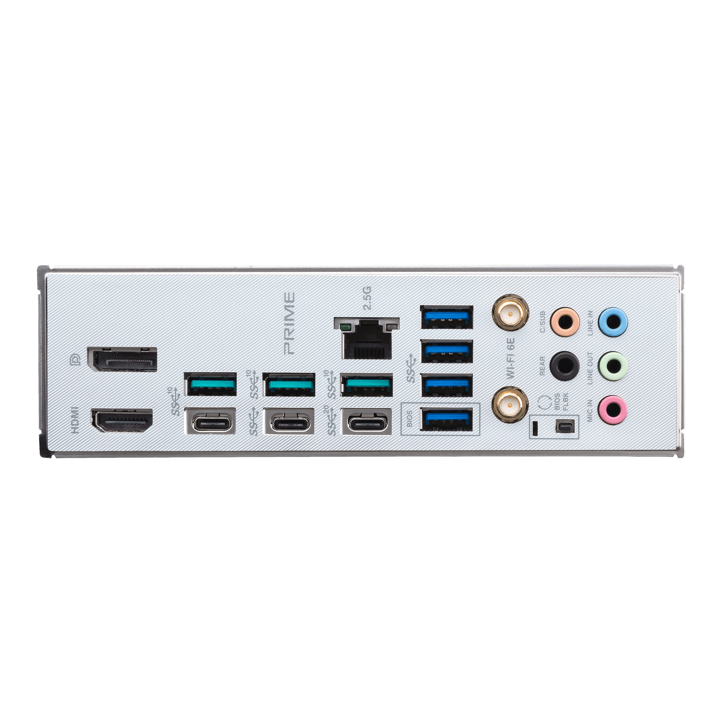 Pannello posteriore di una scheda madre con varie porte tra cui HDMI, USB e jack audio.