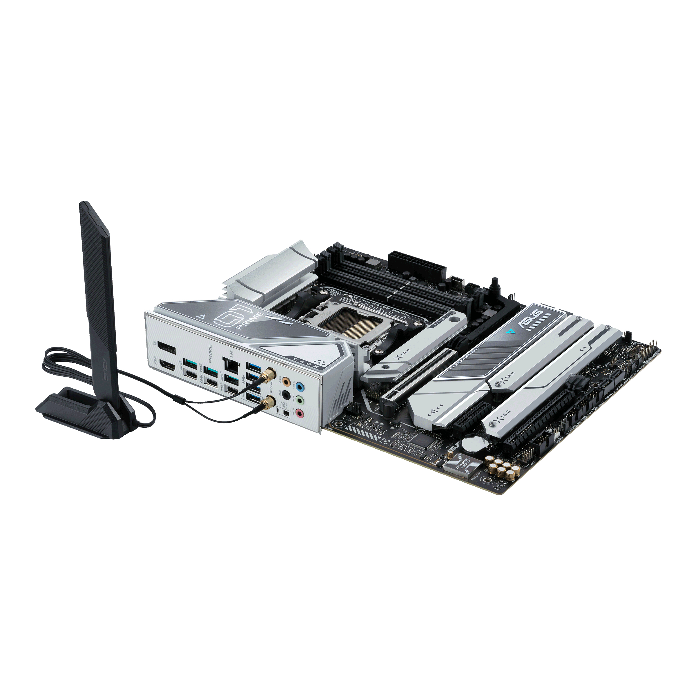 Scheda madre con componenti. Include un'antenna e varie porte e slot.