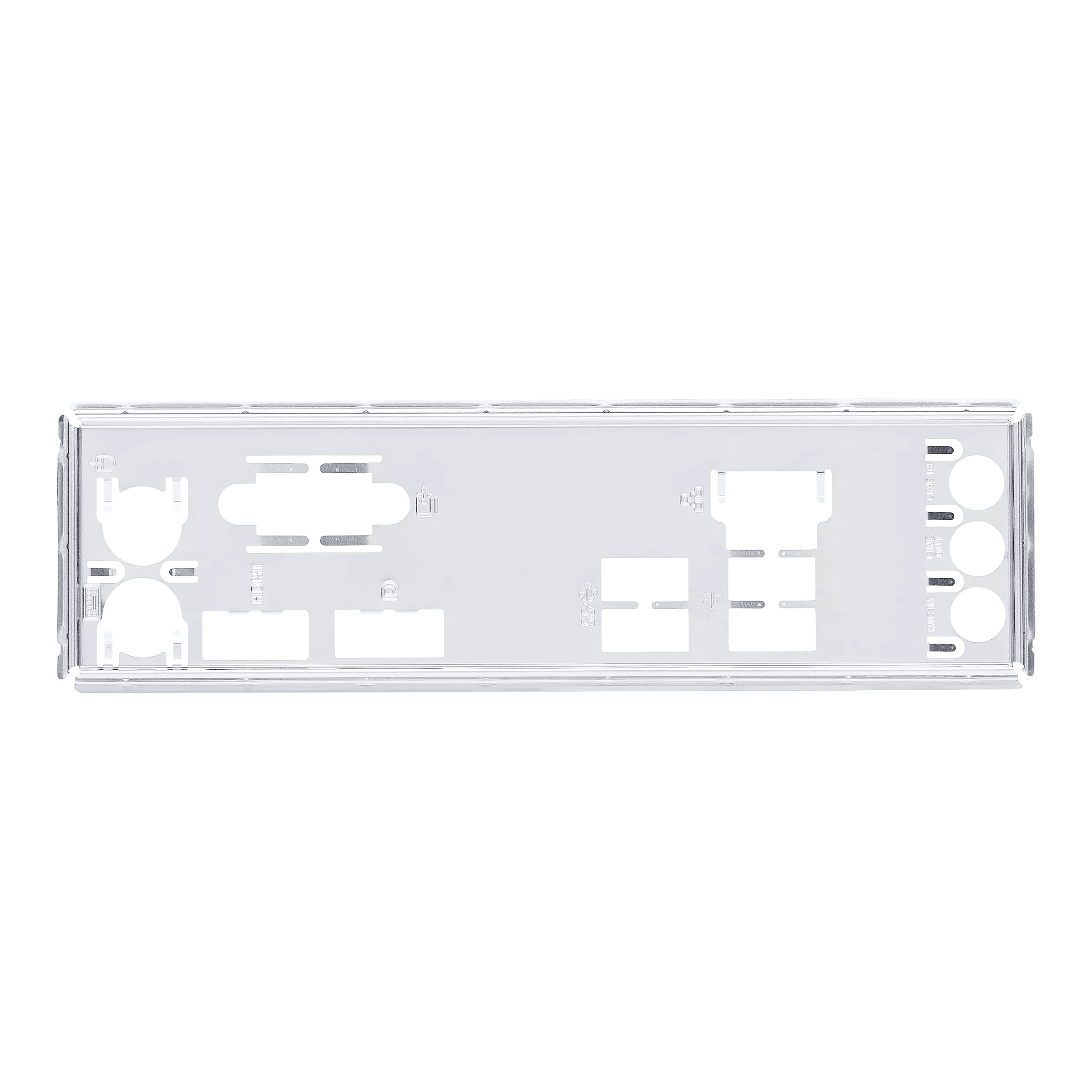 Srebrny tylny panel komputera z różnymi portami. Prostokątny, z kilkoma wyciętymi sekcjami i otworami.