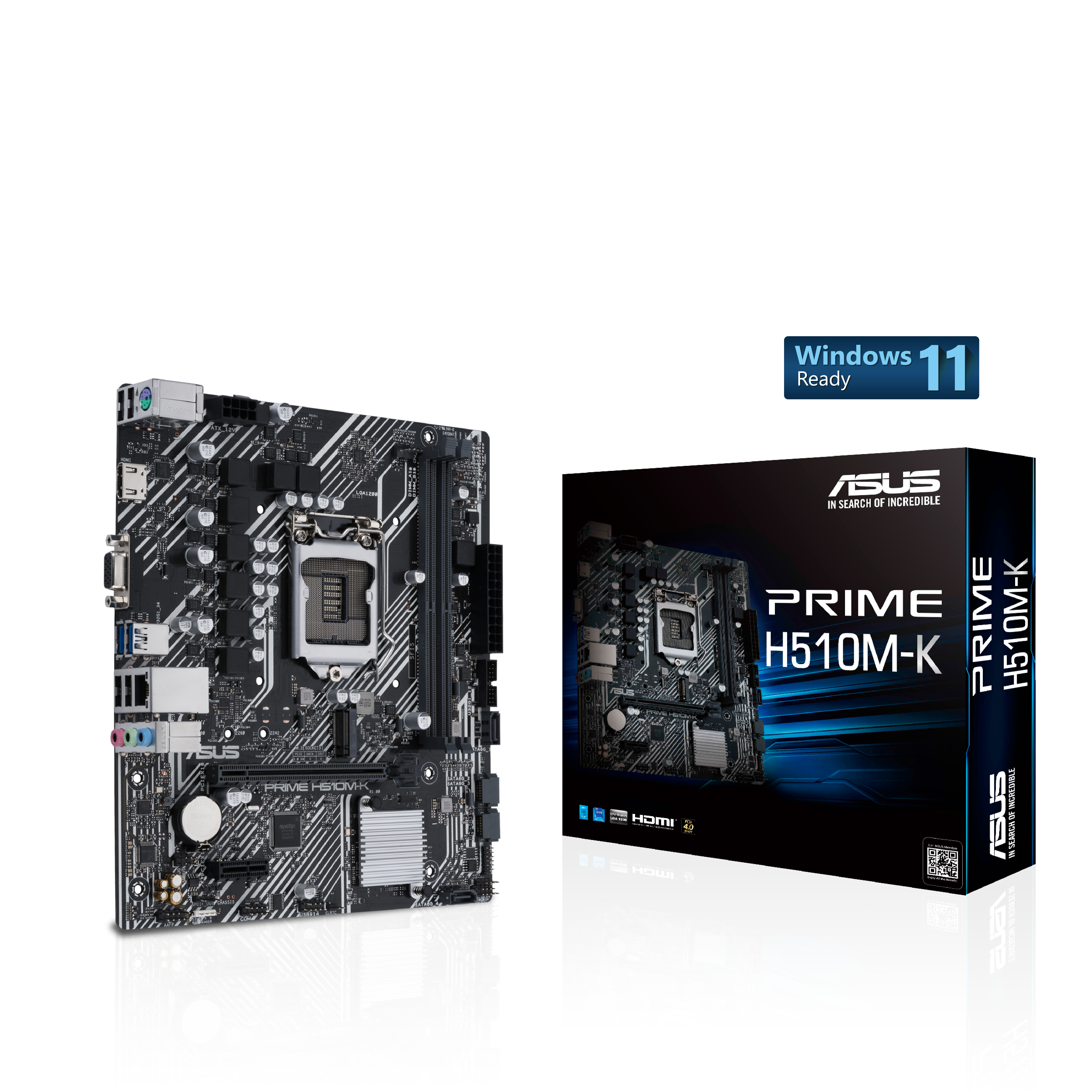 Scheda madre nera accanto a una scatola con le parole PRIME H510M-K, con un'etichetta di Windows 11.