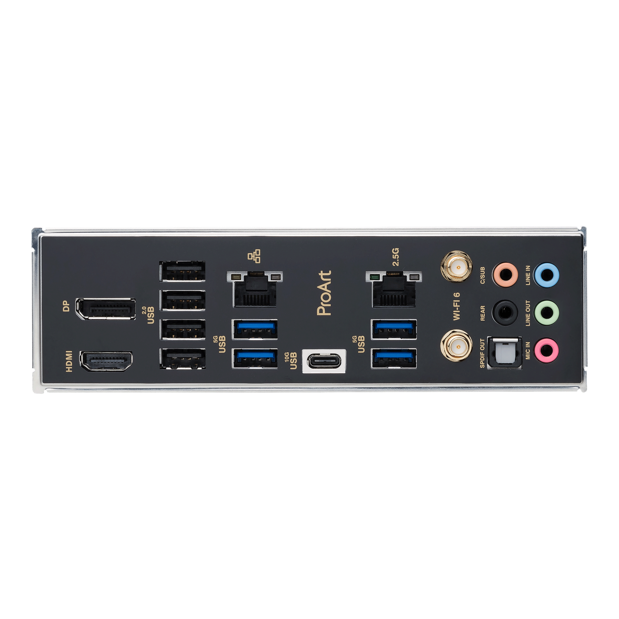Pannello posteriore di una scheda madre con porte HDMI, DP, USB, jack audio, Ethernet e connettori Wi-Fi.