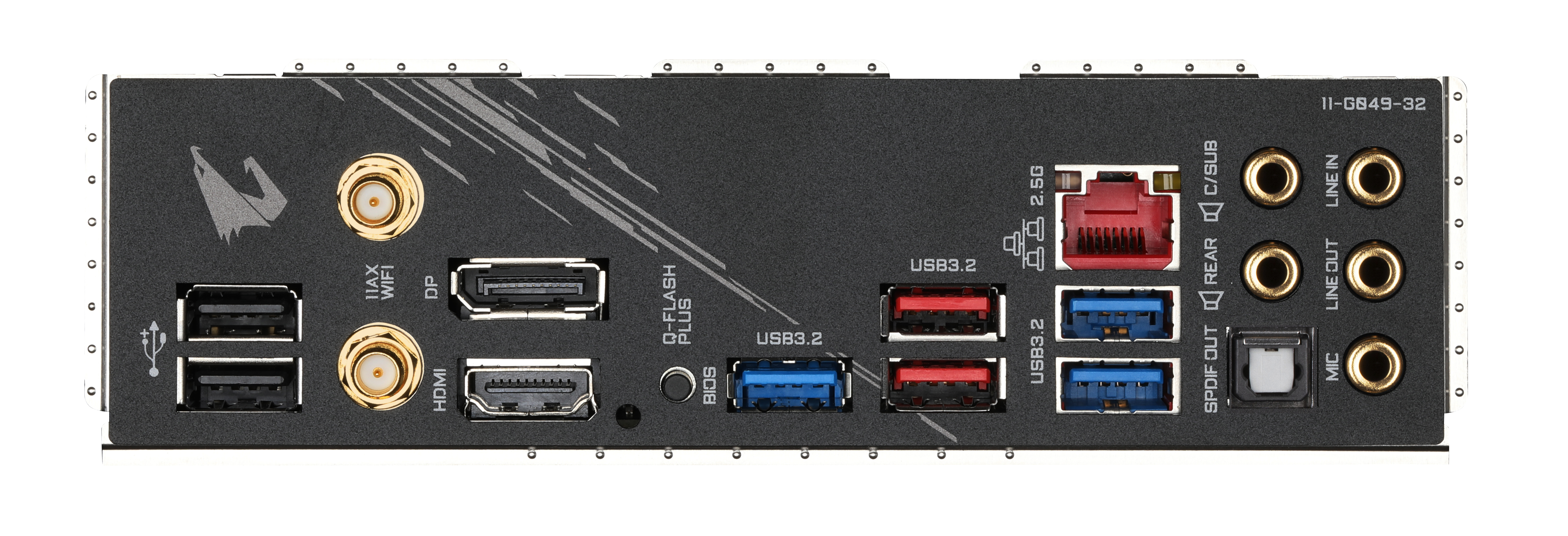 Panel tylny płyty głównej komputera z portami, USB, HDMI i audio, w czarno-szarej kolorystyce.