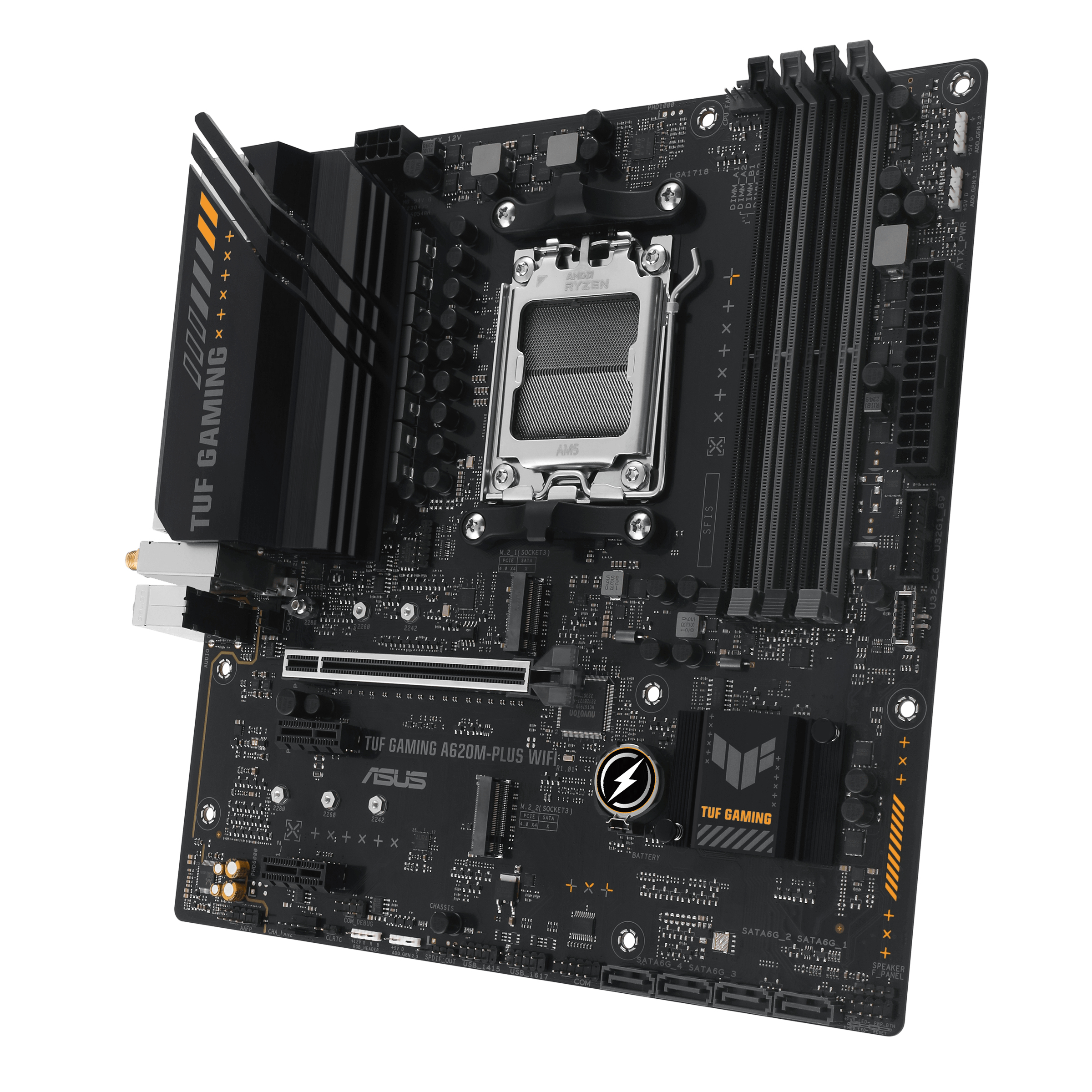 Black motherboard with processor socket, RAM slots, and various components.