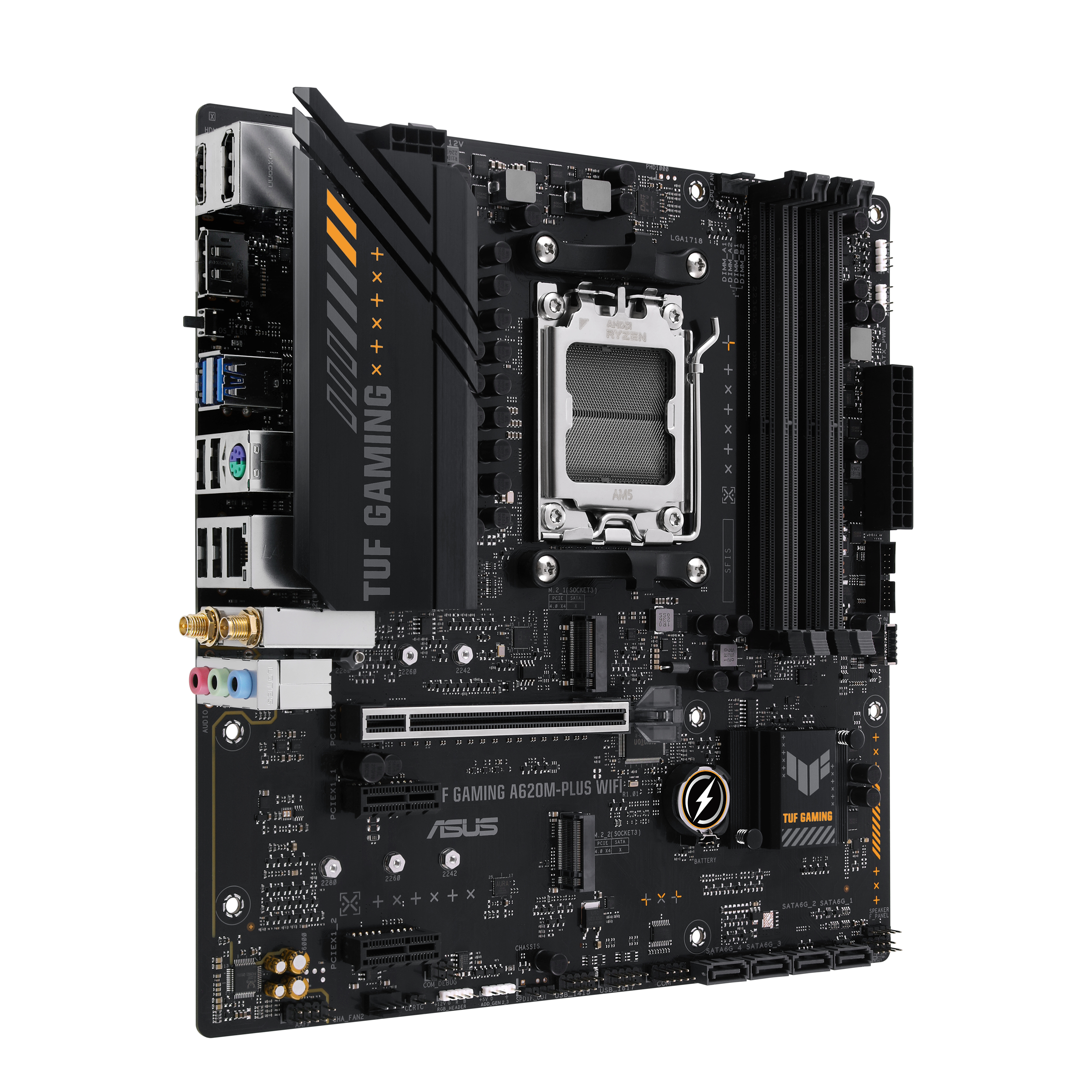 Black motherboard with various components, including a CPU socket and expansion slots.