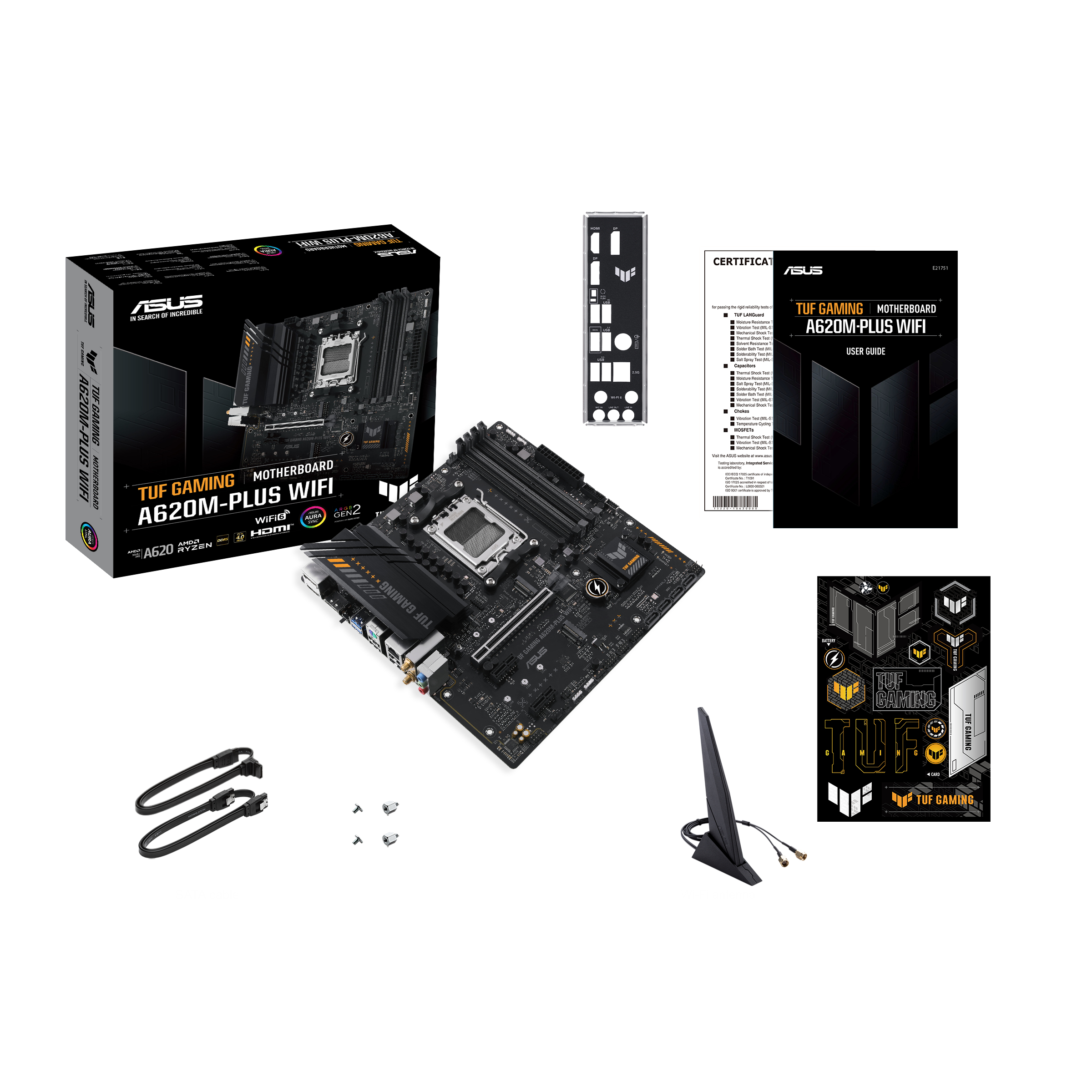 A motherboard with various components. It is placed with a box, a back panel, a user guide, and other accessories.