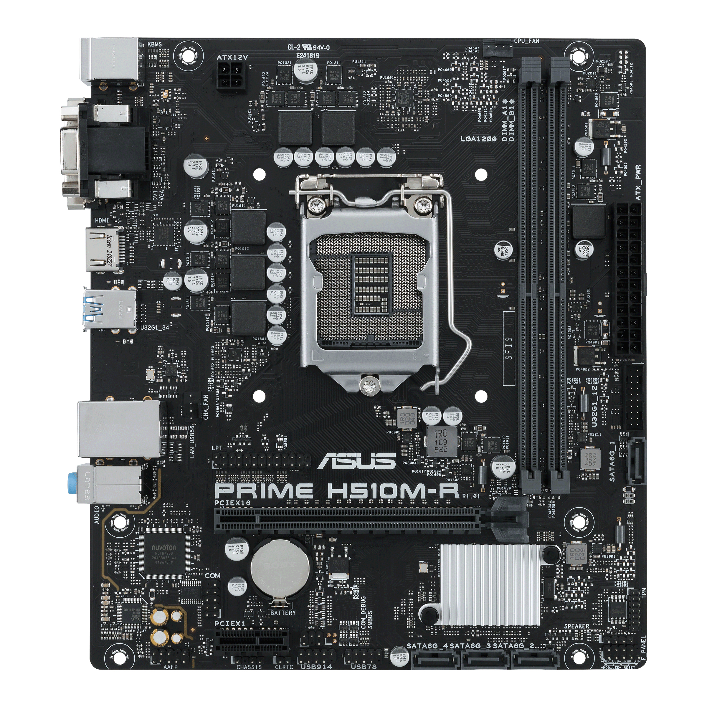 Scheda madre nera ASUS Prime H510M-R. Componenti: socket CPU, slot RAM, slot espansione e vari connettori.