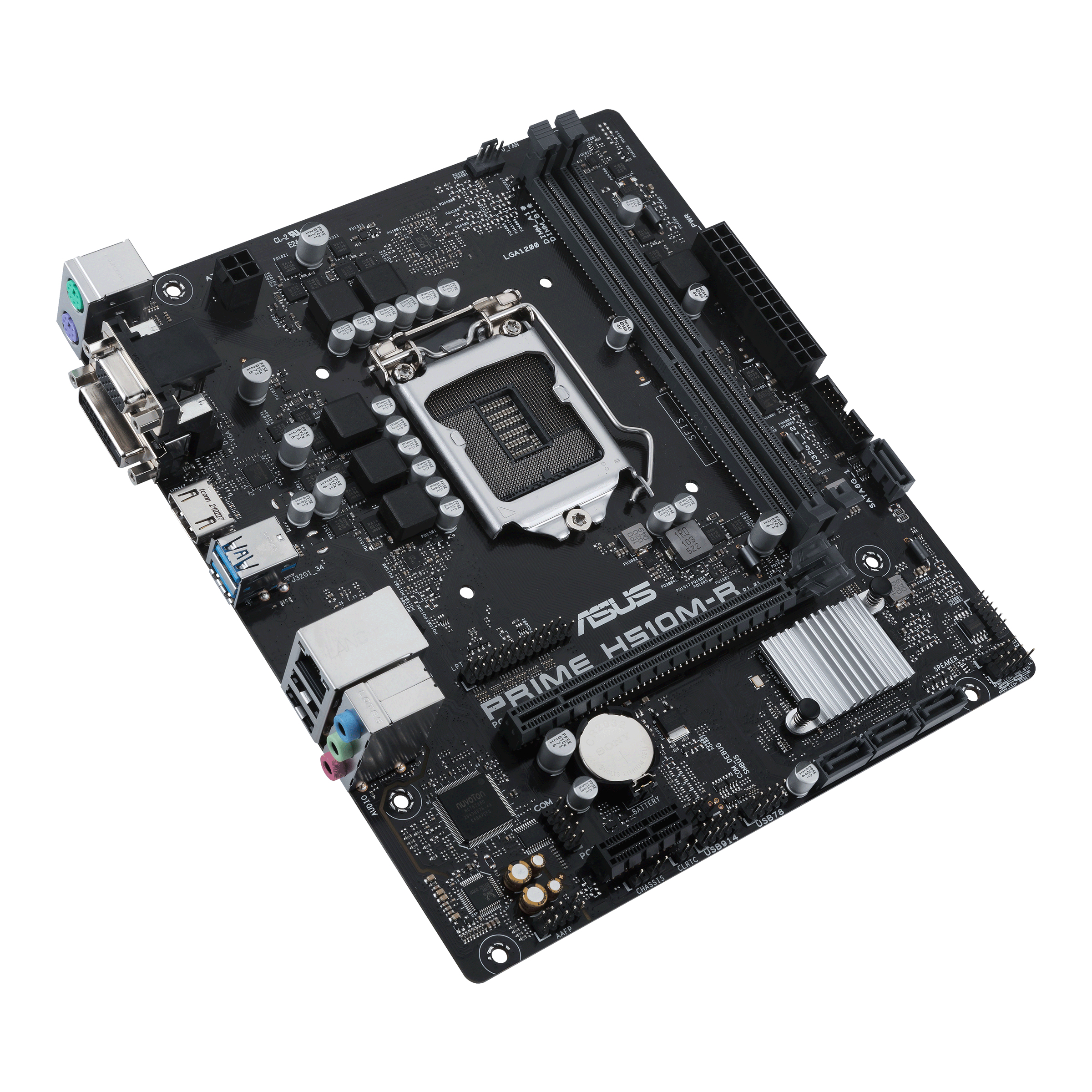Scheda madre ASUS Prime H510M-R nera su sfondo bianco.