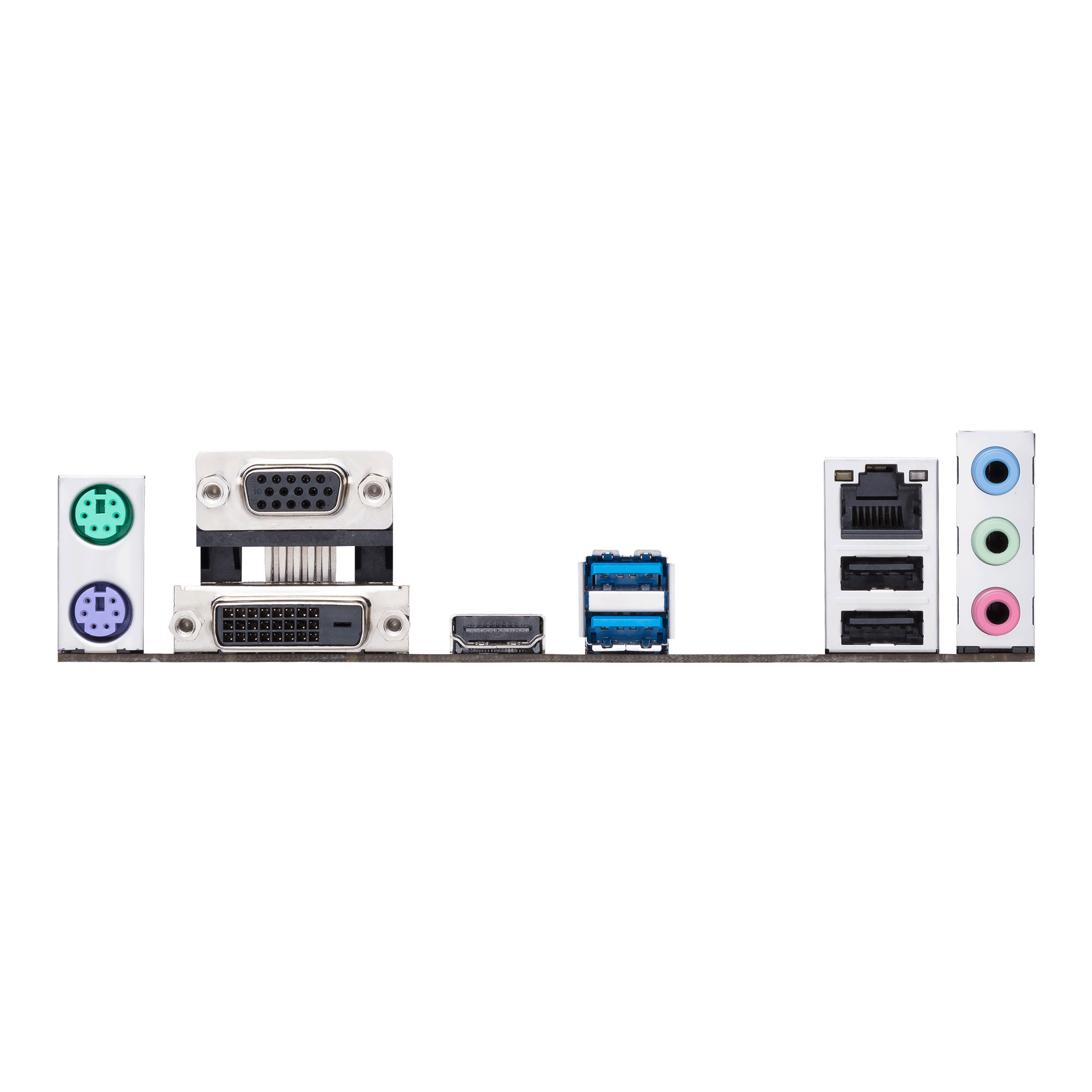 Pannello posteriore di un computer con varie porte: USB, DVI e jack audio. Sfondo bianco.