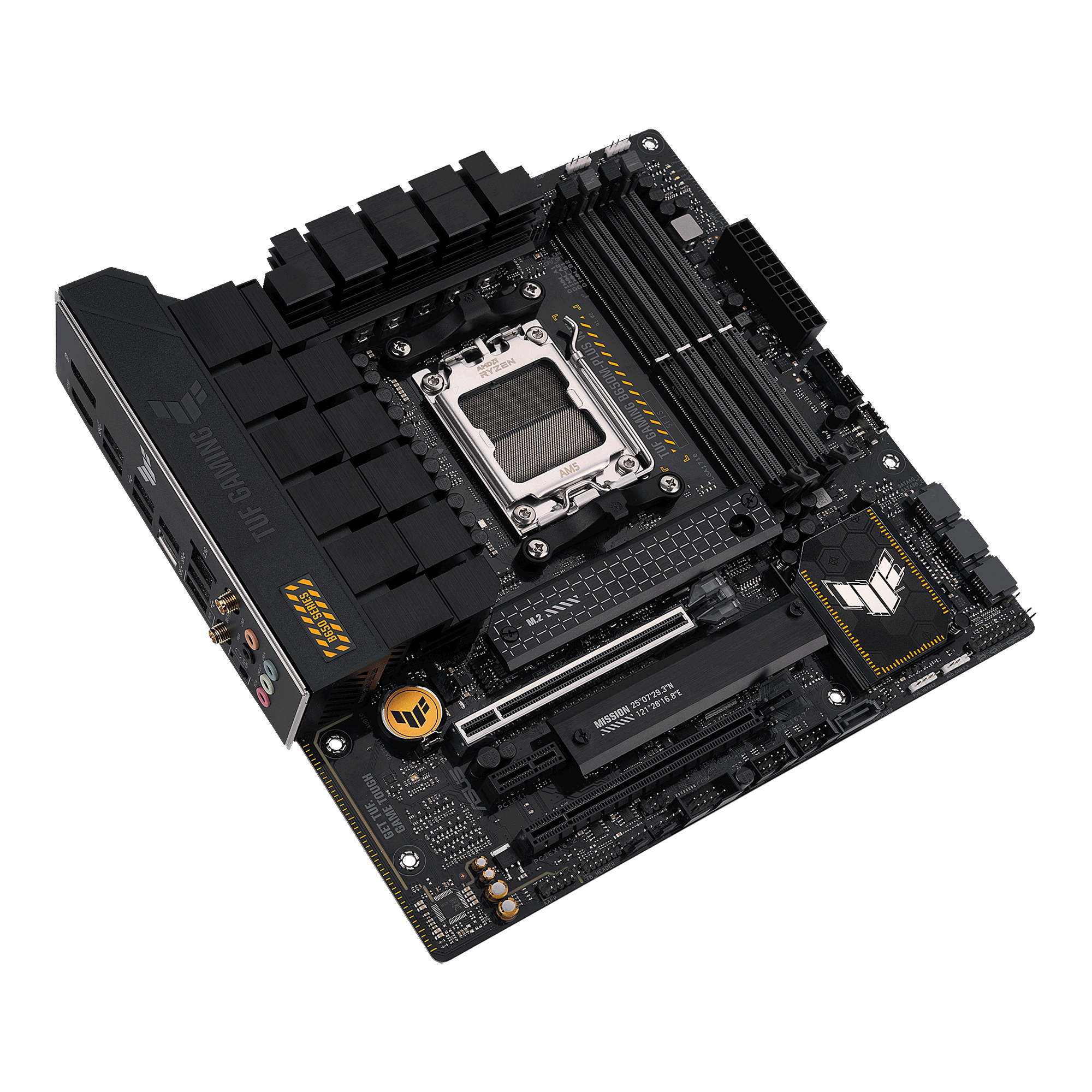 Schwarzes Motherboard mit verschiedenen Komponenten, vor weißem Hintergrund. Das Board hat mehrere Steckplätze und Anschlüsse.