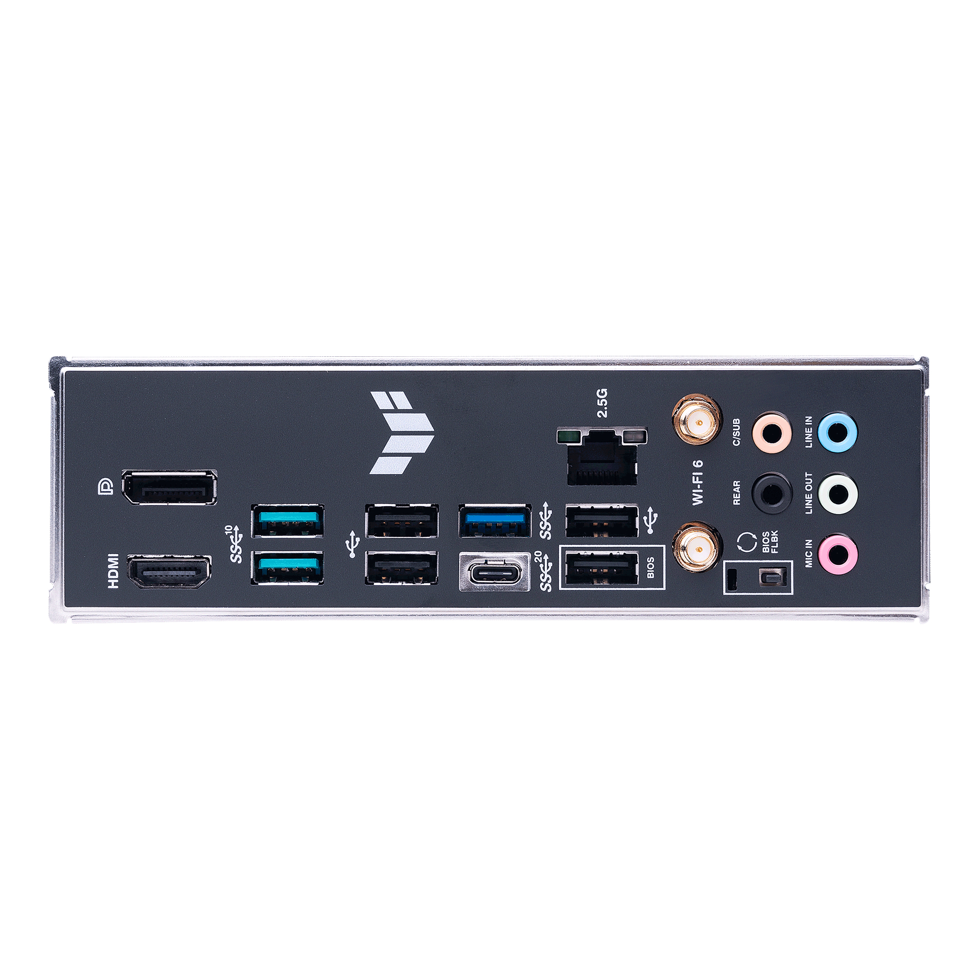 Rückwand einer schwarzen Computer-Hauptplatine mit Anschlüssen.