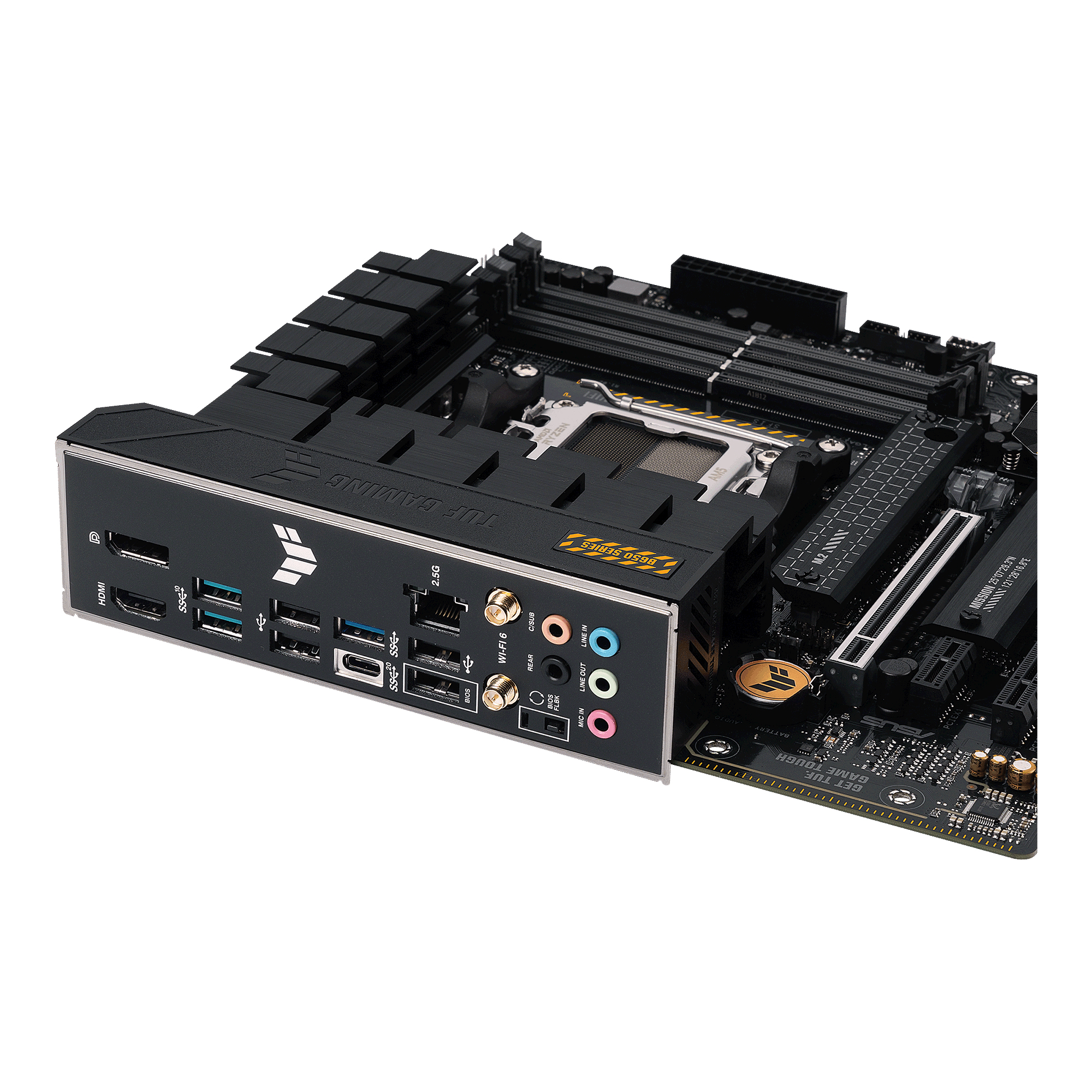 Ein schwarzes und goldenes Computer-Motherboard mit verschiedenen Ein-/Ausgangsanschlüssen.