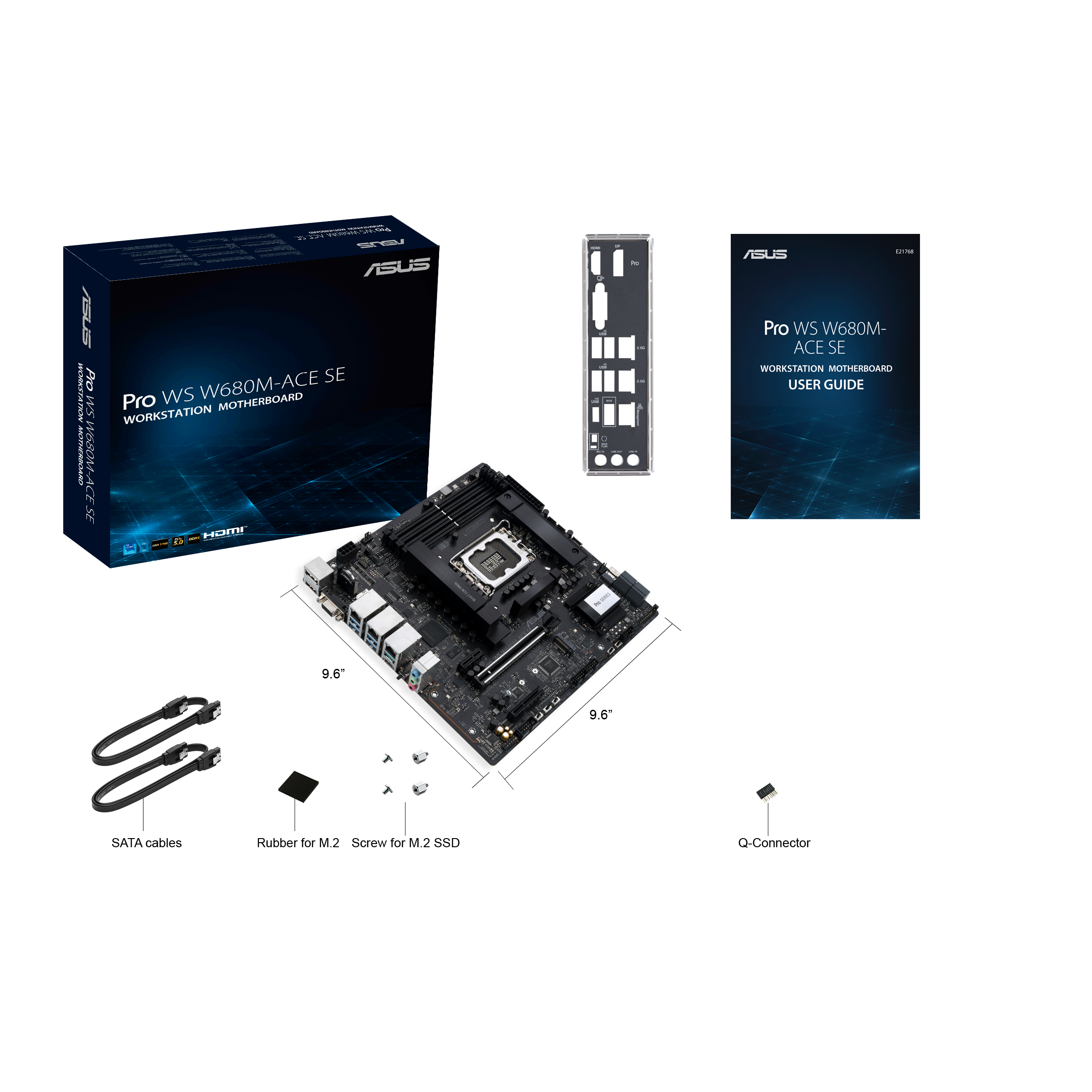 Una scatola aperta con una scheda madre e accessori. Include cavi SATA, gomma, viti e un Q-Connector. Guida utente.