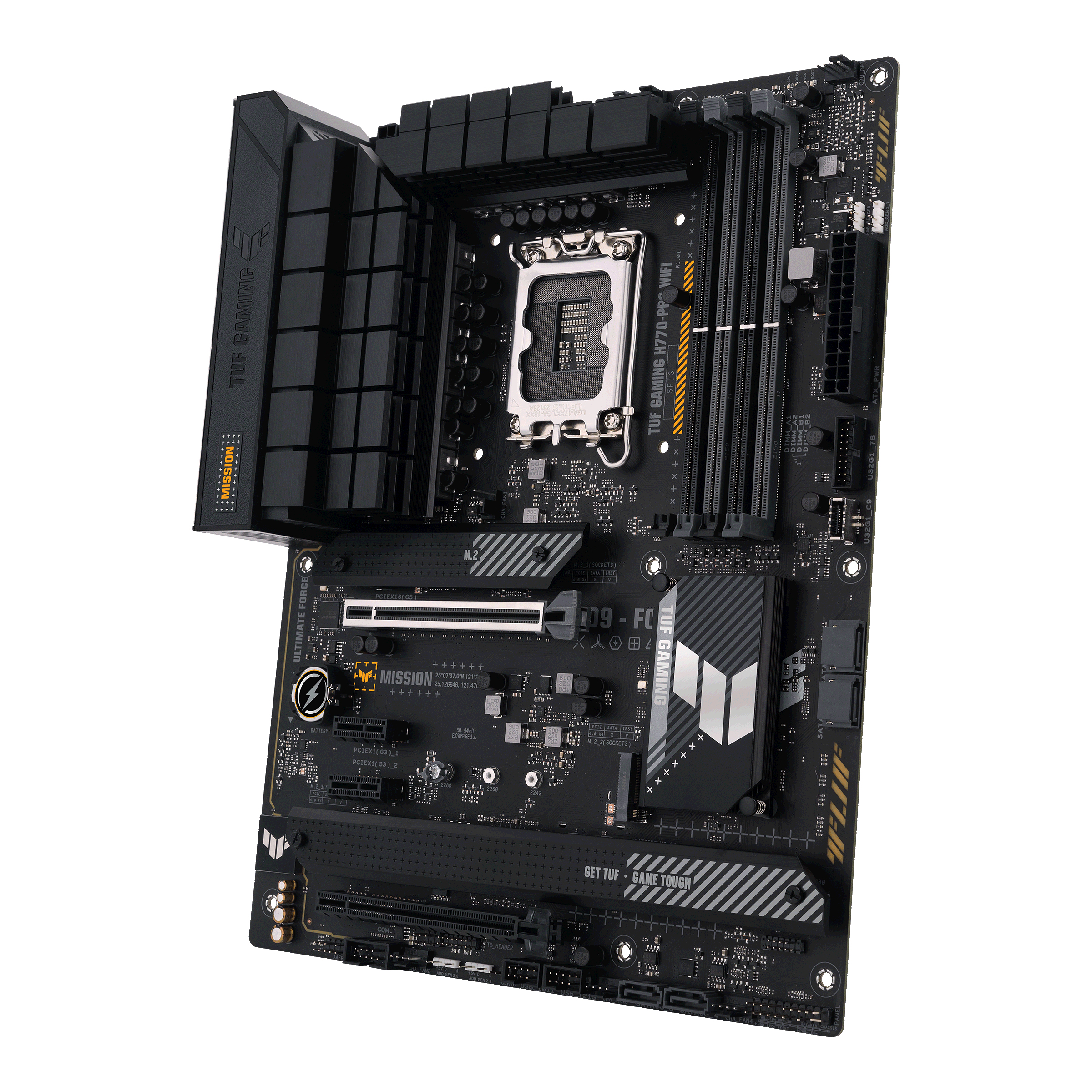 Schwarzes ASUS TUF Gaming-Motherboard. Mehrere Steckplätze, Kühlkörper und Logos.
