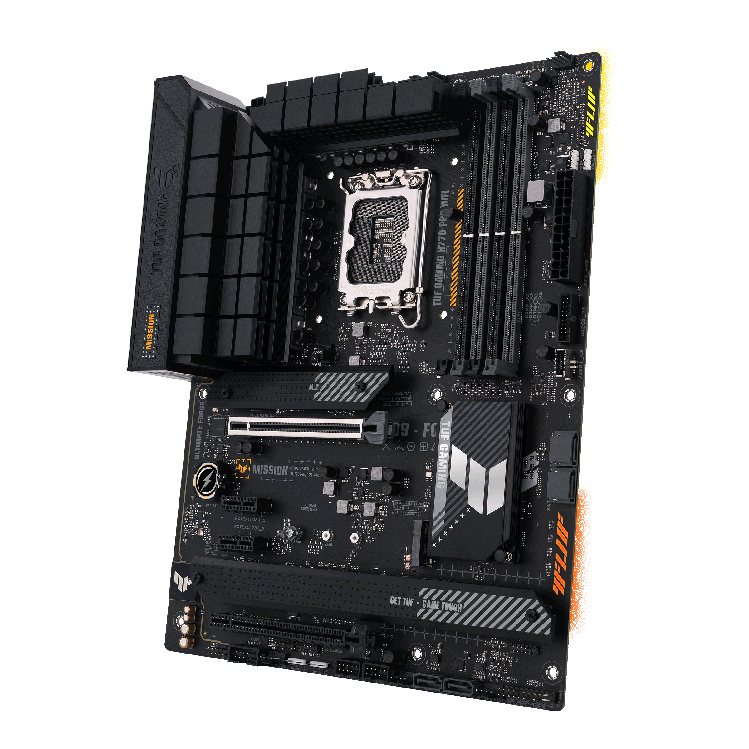 Schwarzes Motherboard mit vielen Komponenten, isoliert auf Weiß. Zeigt verschiedene Anschlüsse und Slots.
