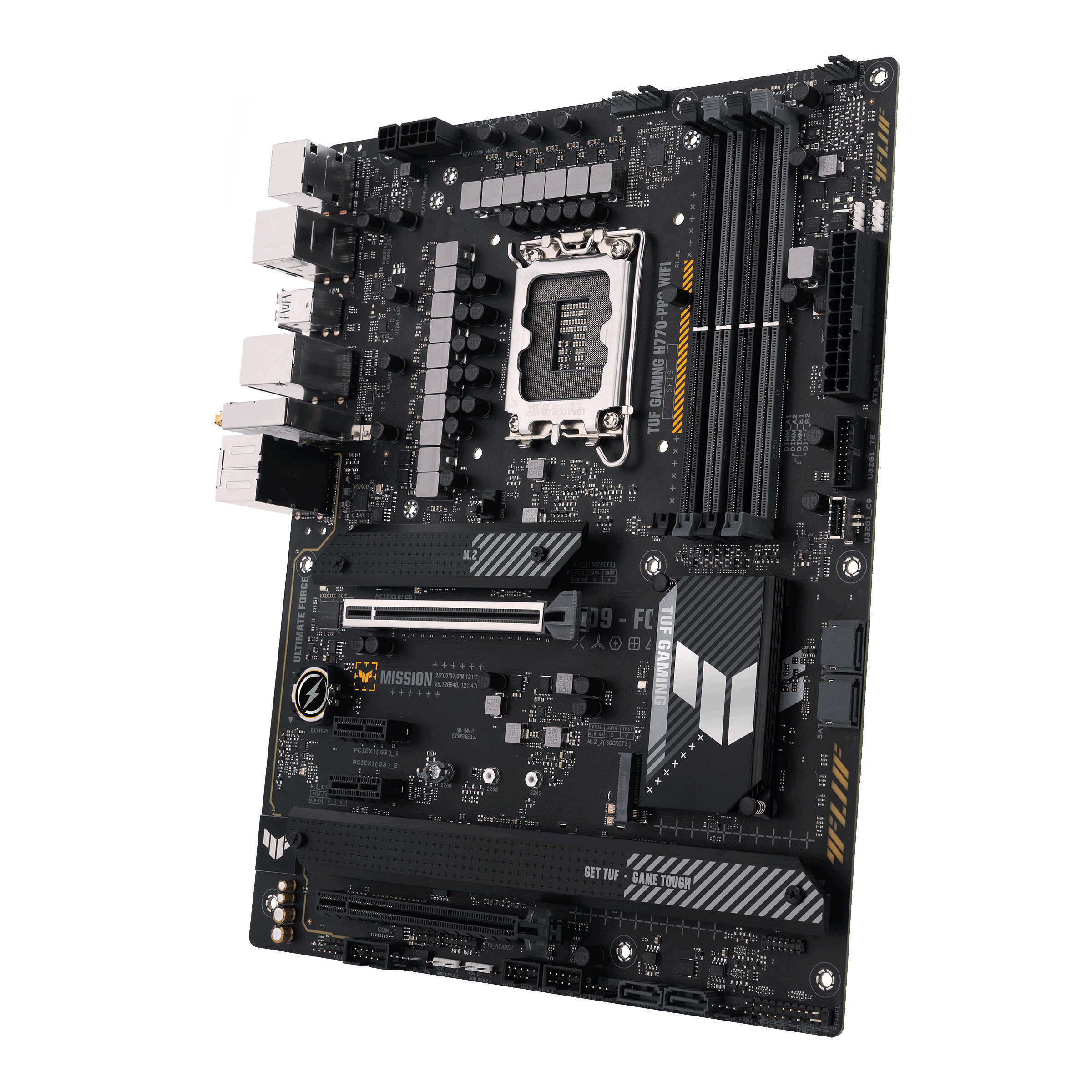 Ein schwarzes Motherboard mit zahlreichen Komponenten. Es hat silberne und gelbe Akzente.