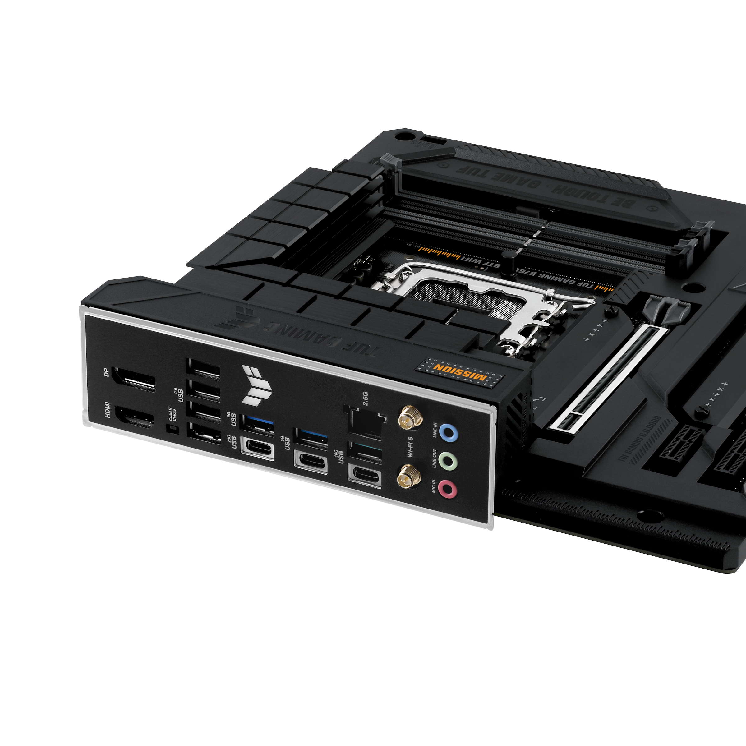 Nahaufnahme eines Motherboards mit verschiedenen Anschlüssen, darunter USB und Audio.