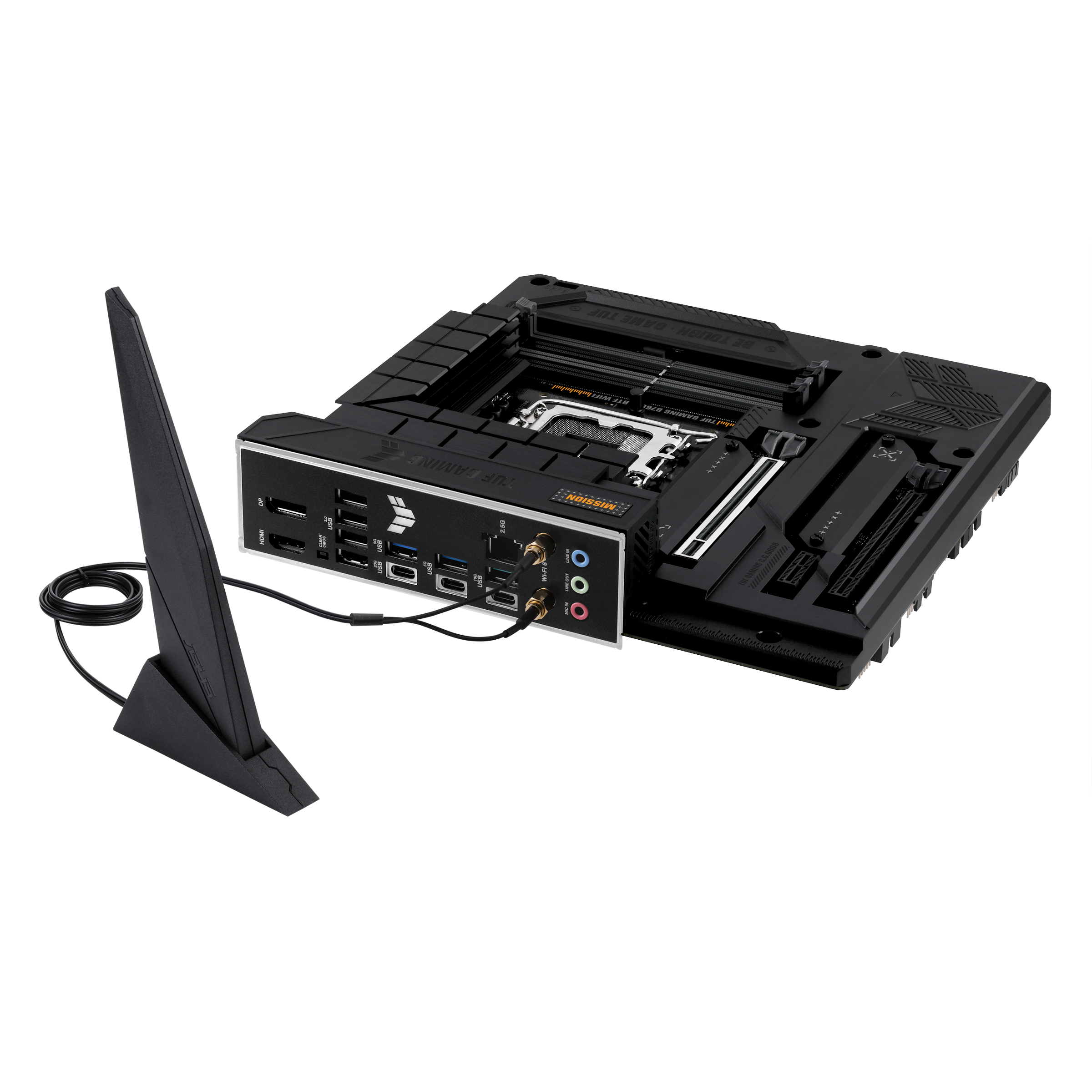 Schwarzes PC-Motherboard. Es enthält viele Anschlüsse und Steckverbinder sowie eine Antenne für WLAN und andere Peripheriegeräte.