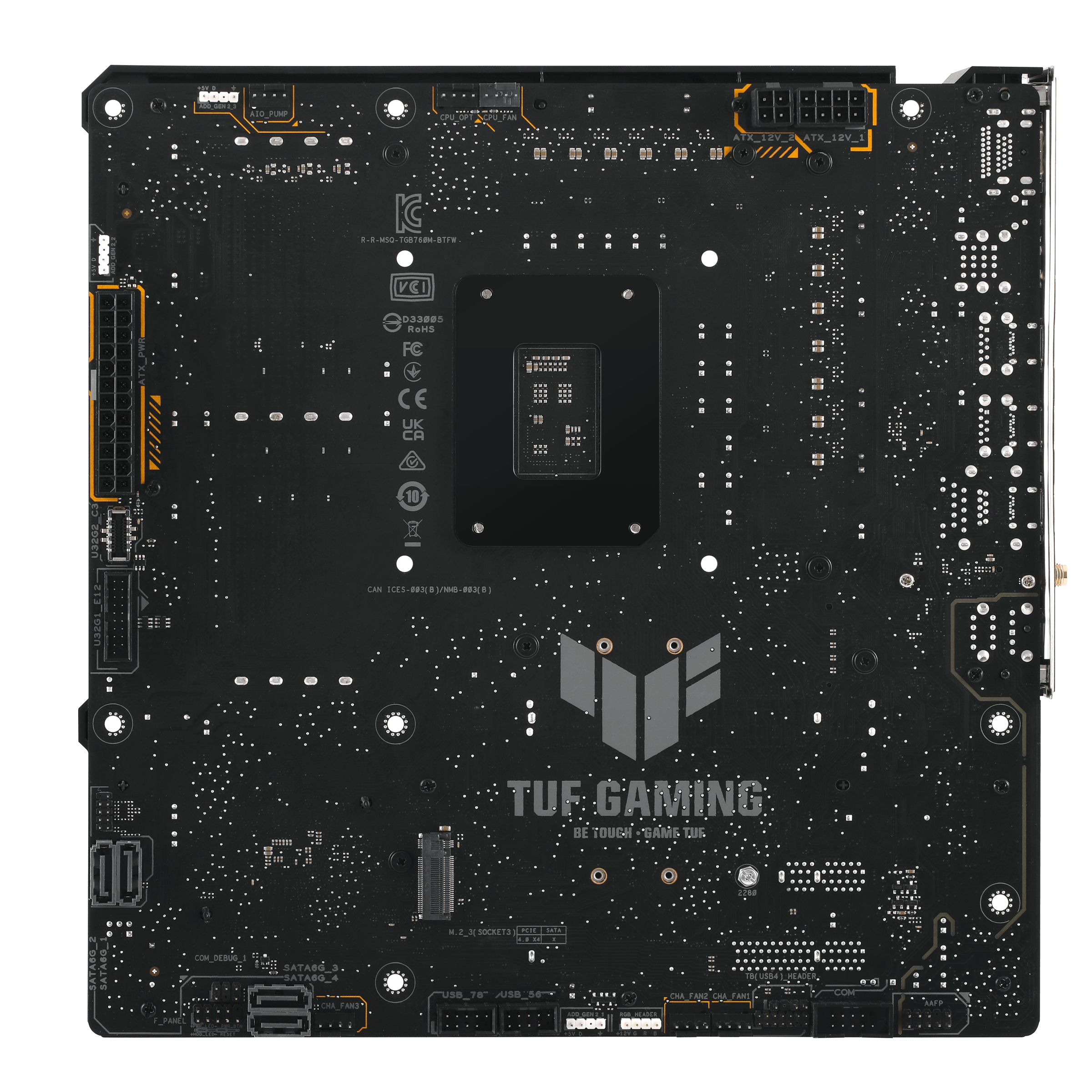 Schwarze Motherboard-Rückseite mit Logos, Komponenten und TUF GAMING am unteren Rand.