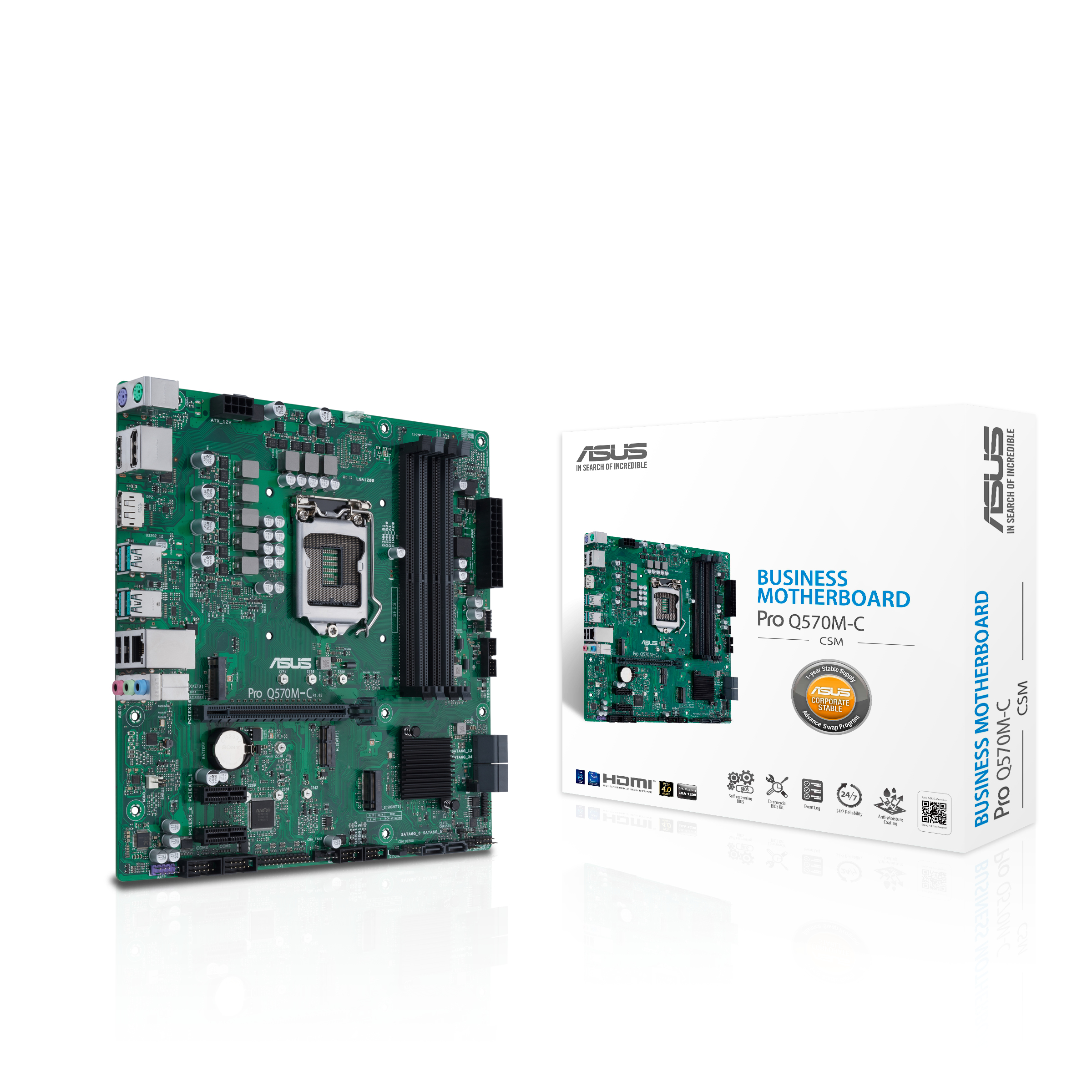 Una scheda madre verde e una scatola con il nome ASUS e altri dettagli.