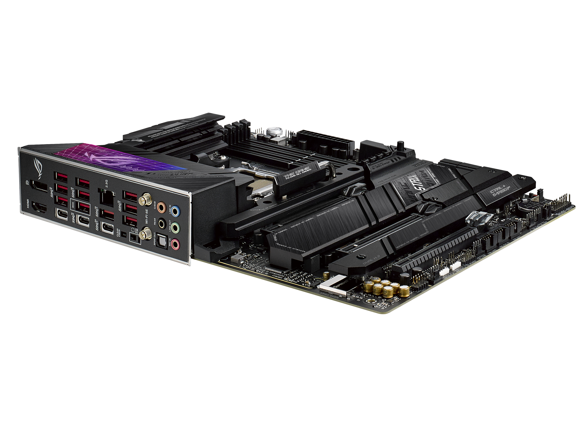 Vista posteriore di una scheda madre ROG STRIX con porte e connettori.