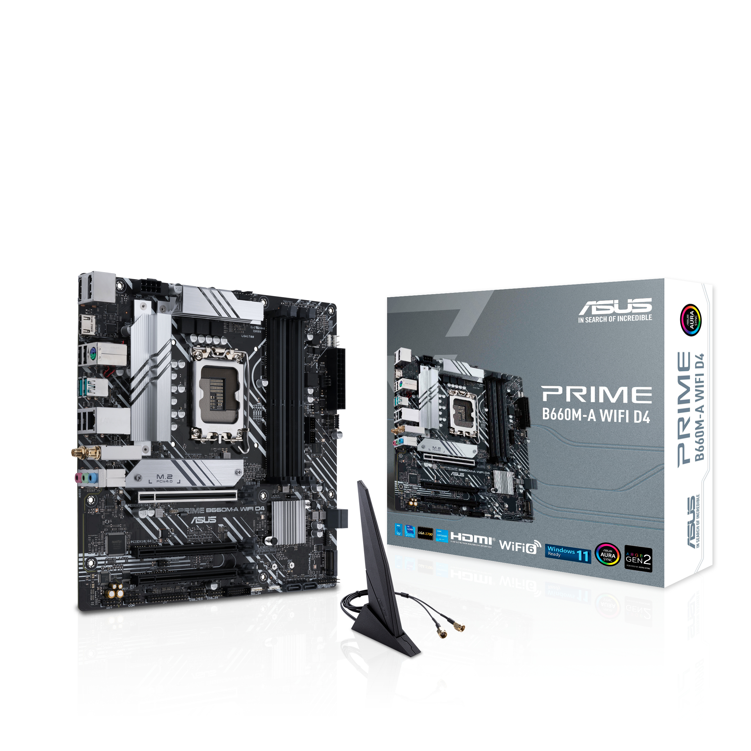 Una scheda madre ASUS Prime B660M-A WIFI D4 è mostrata con la sua scatola e un'antenna, il tutto su una superficie bianca.