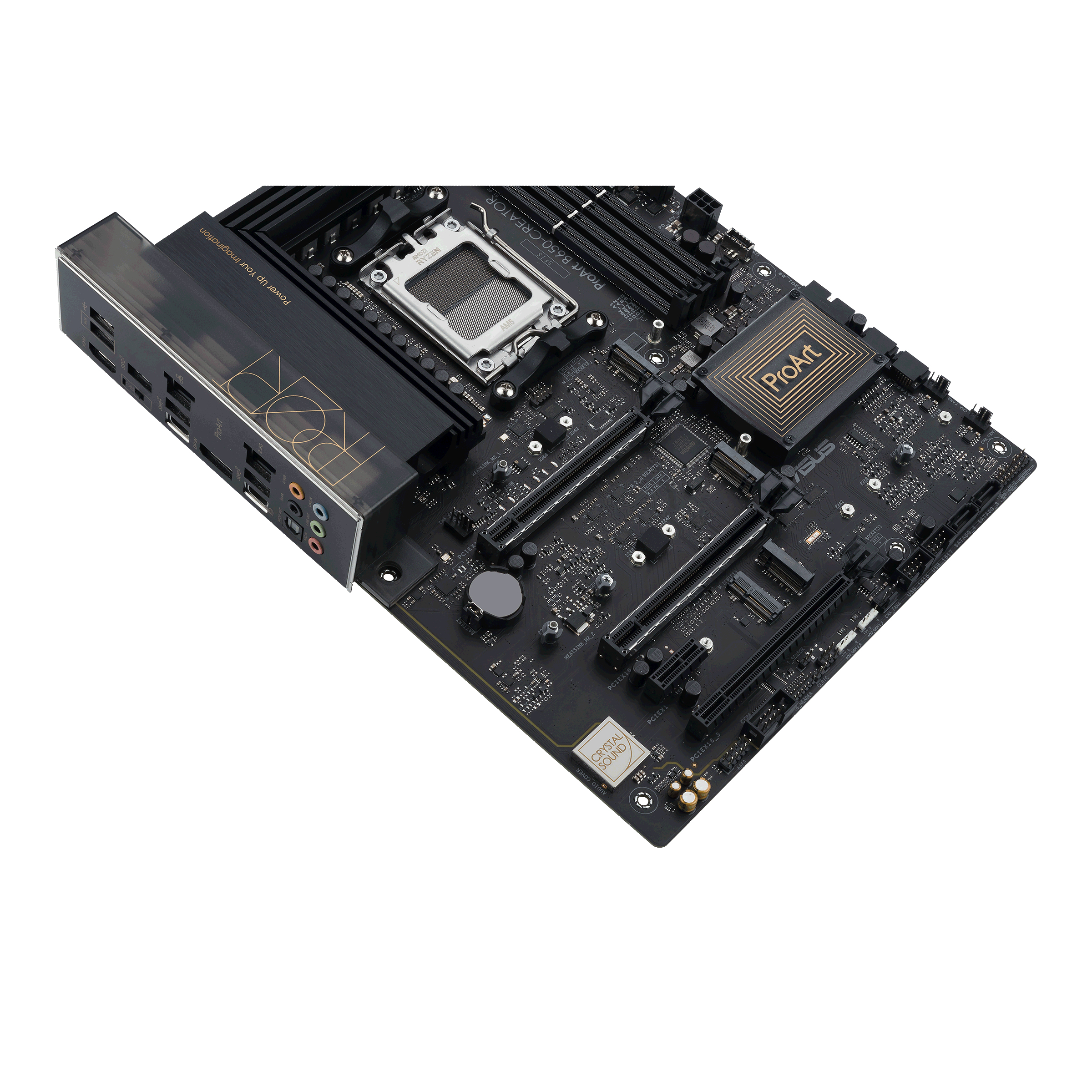 Scheda madre nera su superficie bianca. Ha vari componenti e un socket CPU.