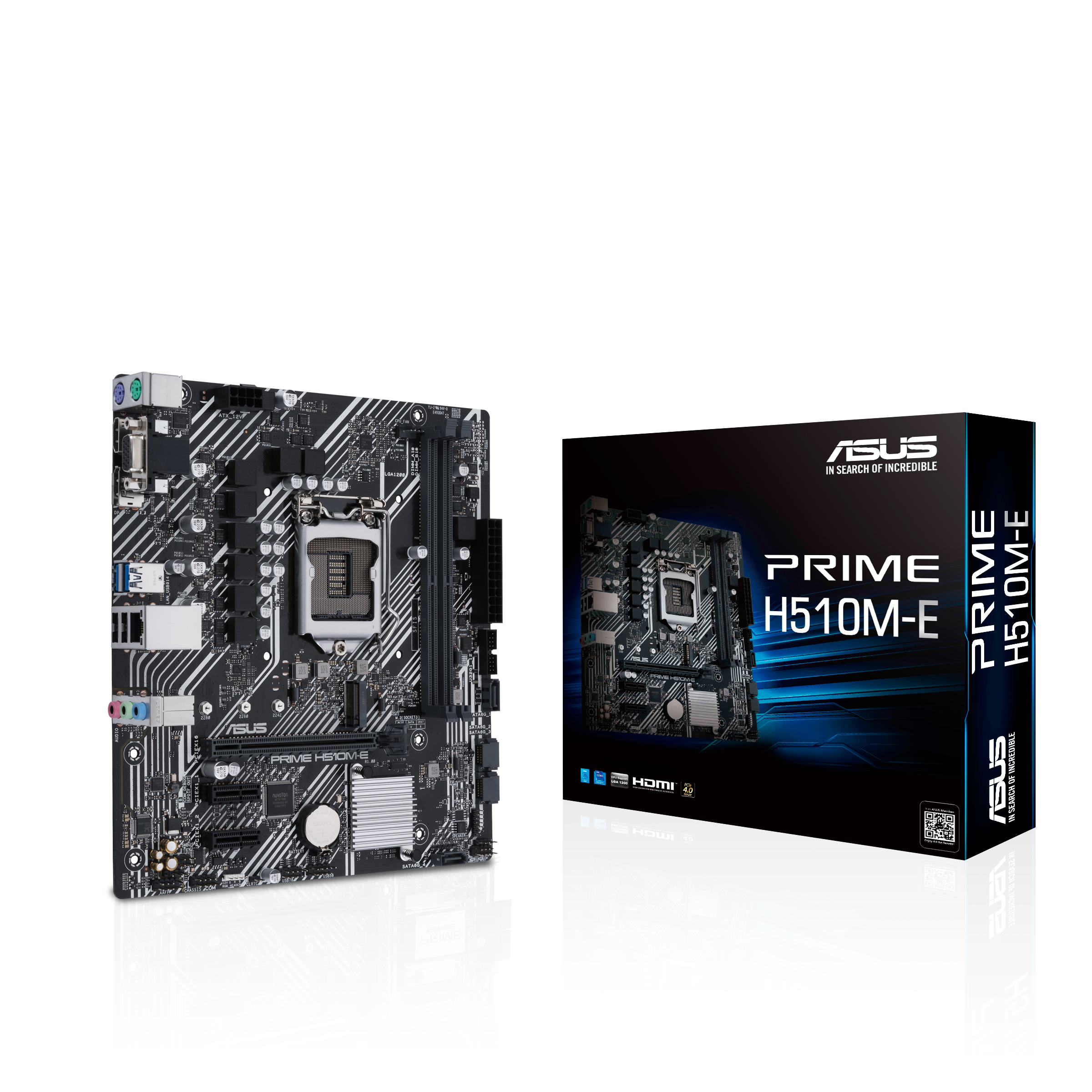 Motherboard und Box auf weißem Hintergrund.