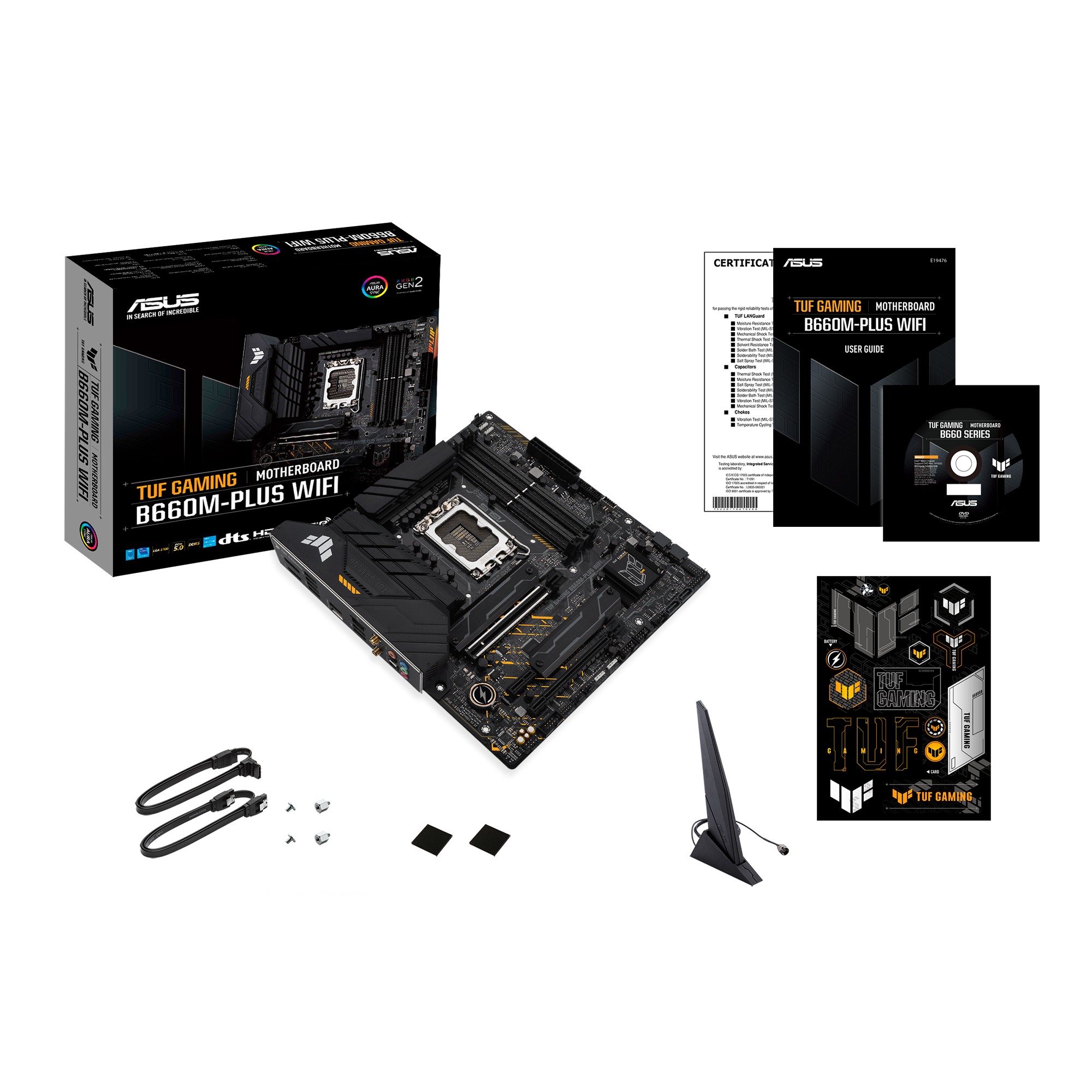 Ein Motherboard mit Karton, Zubehör und Dokumentation. Schwarz und Gold.