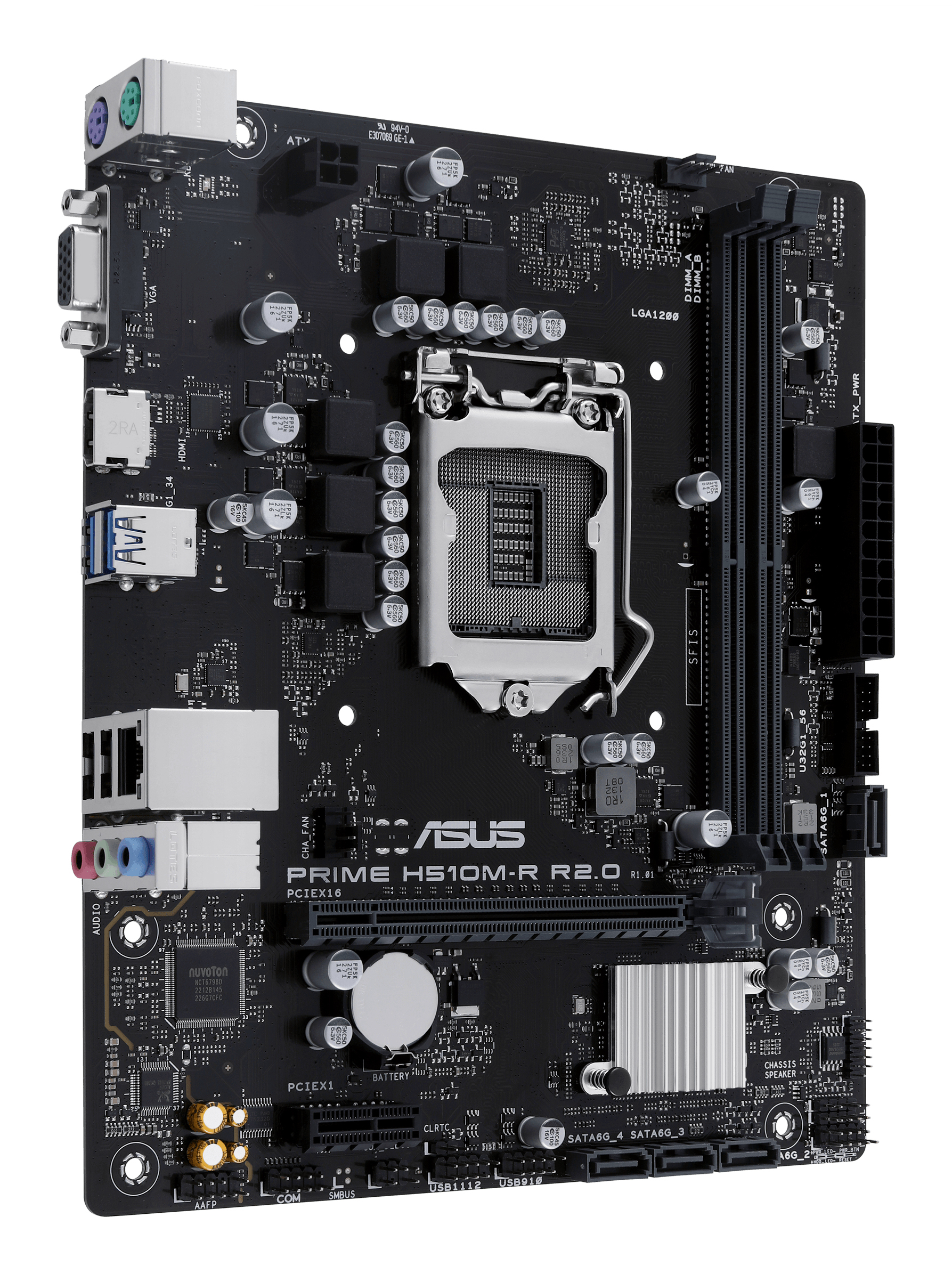 Placa base negra ASUS PRIME H510M-R R2.0 con componentes como puertos, ranuras y zócalo de CPU.