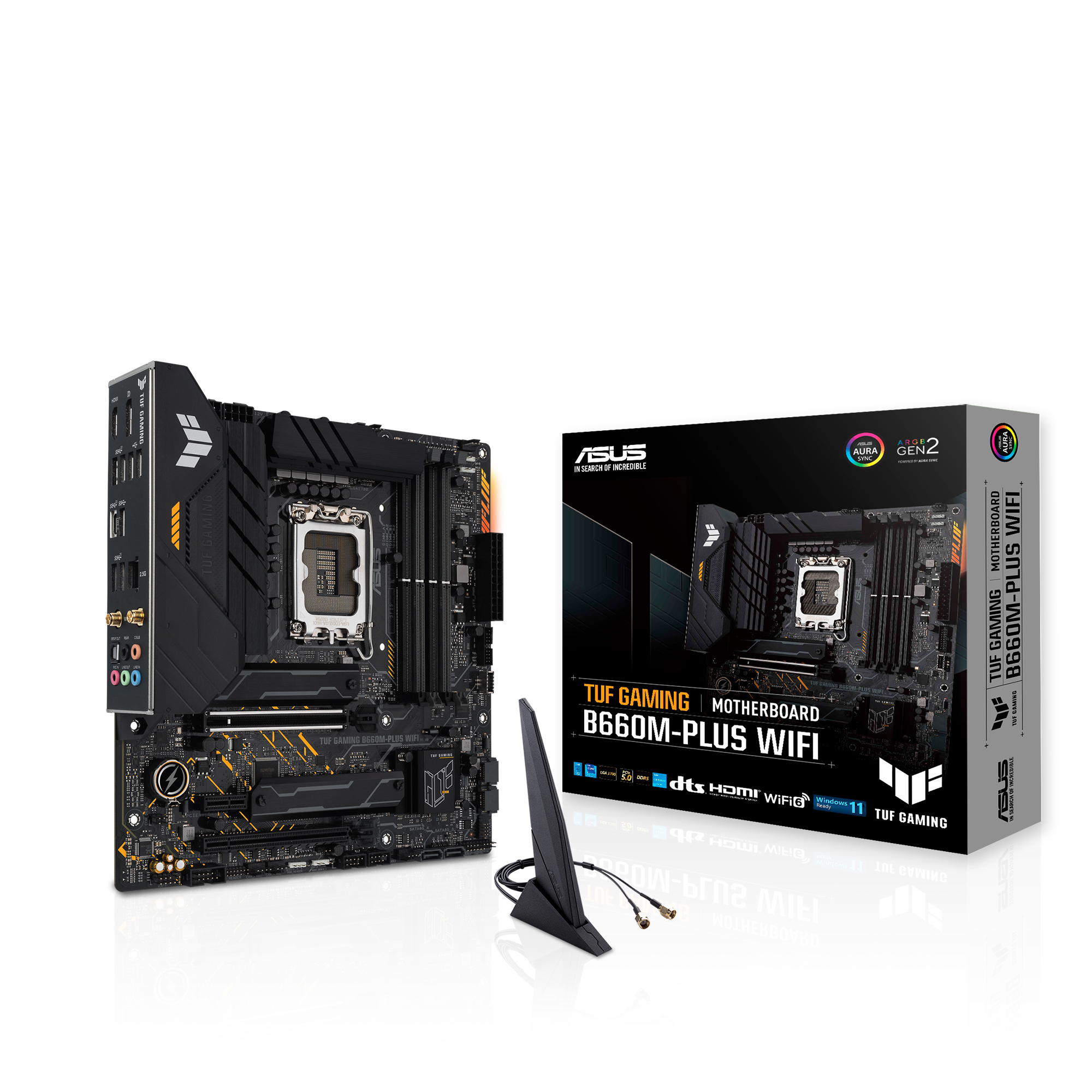 Ein Motherboard mit einer Box. Das Motherboard ist schwarz und gold, und die Box hat das gleiche Design.
