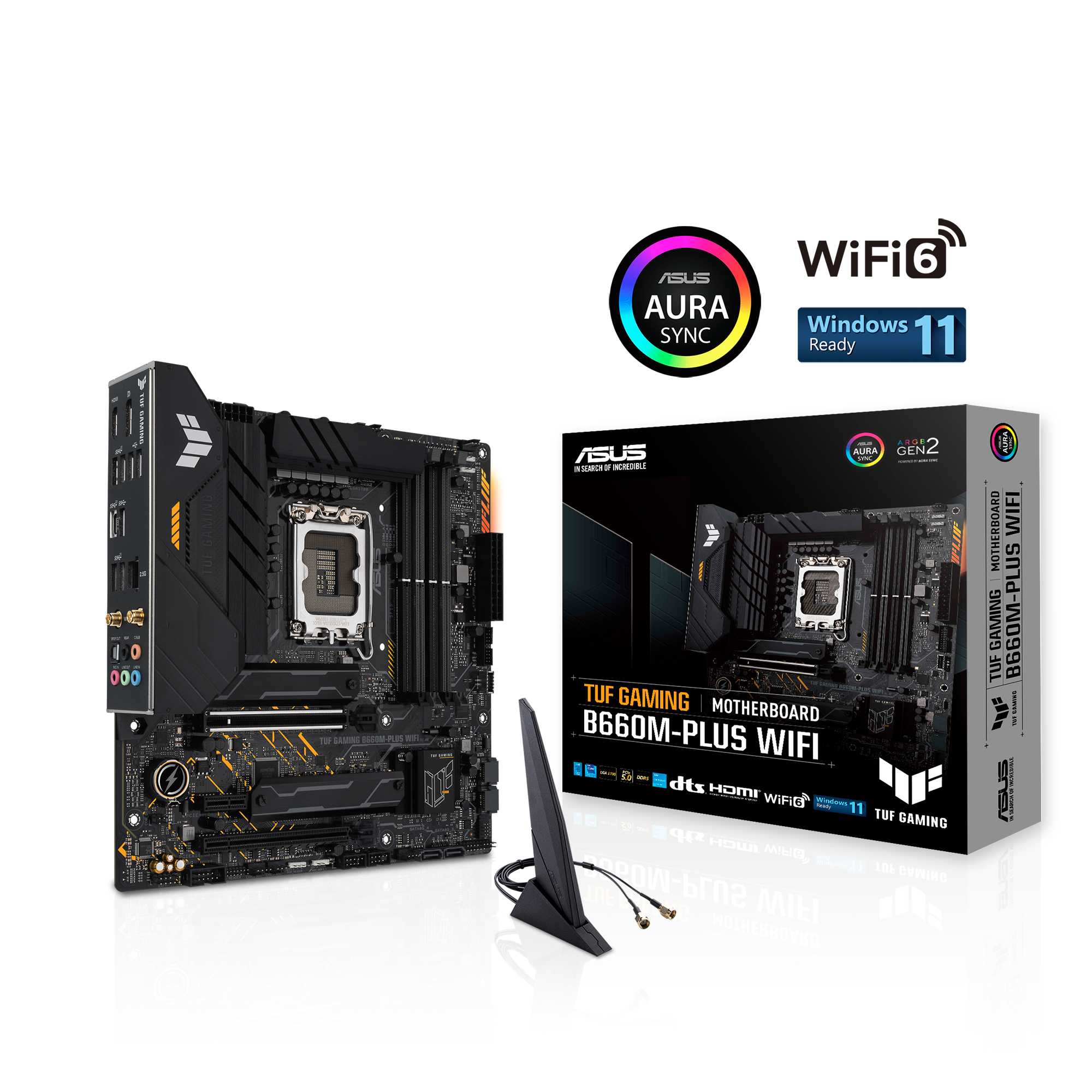 ASUS TUF Gaming Mainboard und Box. Inklusive WLAN-Antenne und Box mit ASUS-Logo.